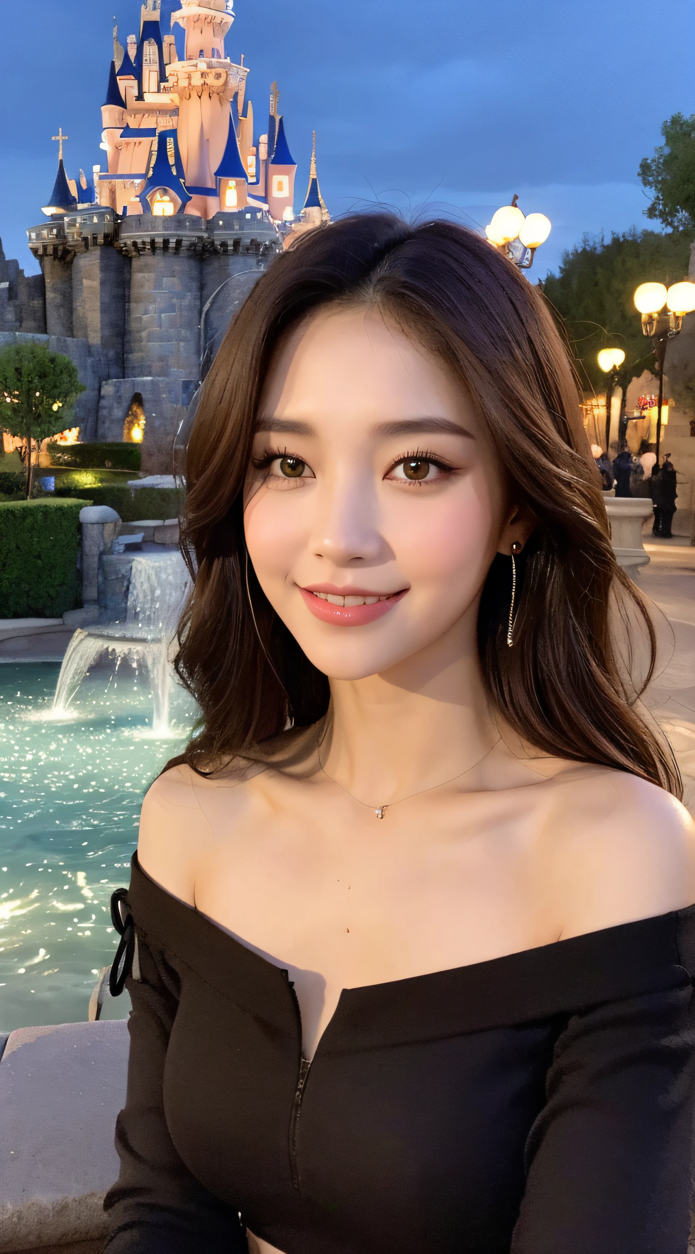 ((Night Scene, Realistic Light, Best Quality, 8k, Masterpiece: 1.3)), 1 Girl, Slim Body Beauty: 1.4, Brown Hair, (Big: 1.3), Off Shoulder Cut Top: 1.3, Ultra Detailed Face, Detailed Eyes, Double Eyelids, Disneyland, Fountain, Castle, Fireworks, Smile, Cleavage