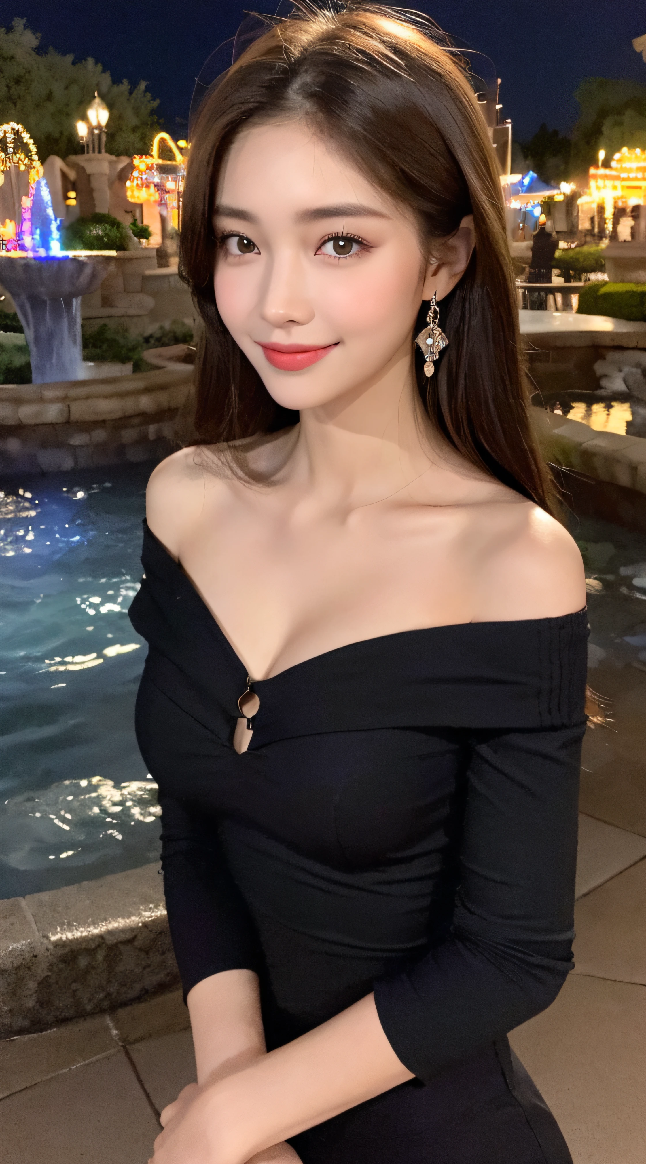 ((Night Scene, Realistic Light, Best Quality, 8k, Masterpiece: 1.3)), 1 Girl, Slim Body Beauty: 1.4, Brown Hair, (Big: 1.3), Off Shoulder Cut Top: 1.3, Ultra Detailed Face, Detailed Eyes, Double Eyelids, Disneyland, Fountain, Castle, Fireworks, Smile, Cleavage