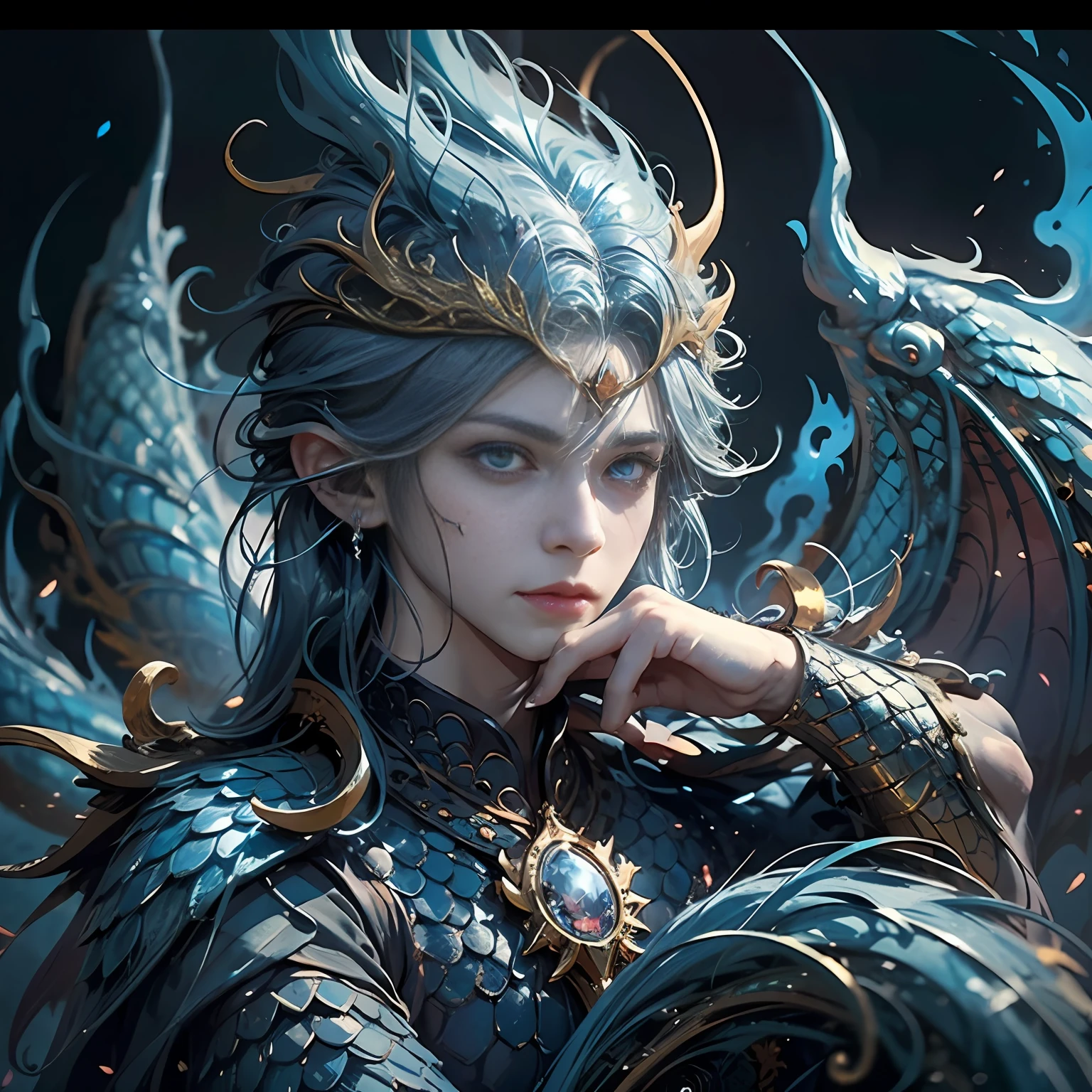 The scene is in a gloomy castle, boy with sapphire eyes, blue flame on his hands, depth of field, wearing dragon scale armor, a pair of wings, deep shadows, (gloomy: 1.4), (8k, RAW photo, best quality)