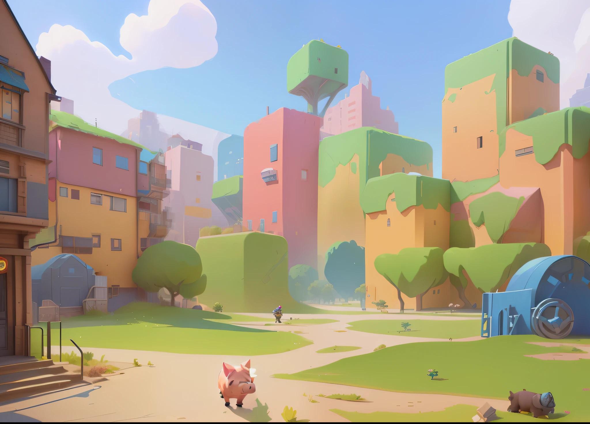 Cartoon illustration of Littlefinger pig in city with lots of buildings, game illustration, stylized game art, mobile game art, 3 D rendering official art, Danbooru and Artstation, pink iconic characters, game art, cartoon rendering keyboard, game rendering, stylized 3d rendering, splash screen art, detailed game art illustration
