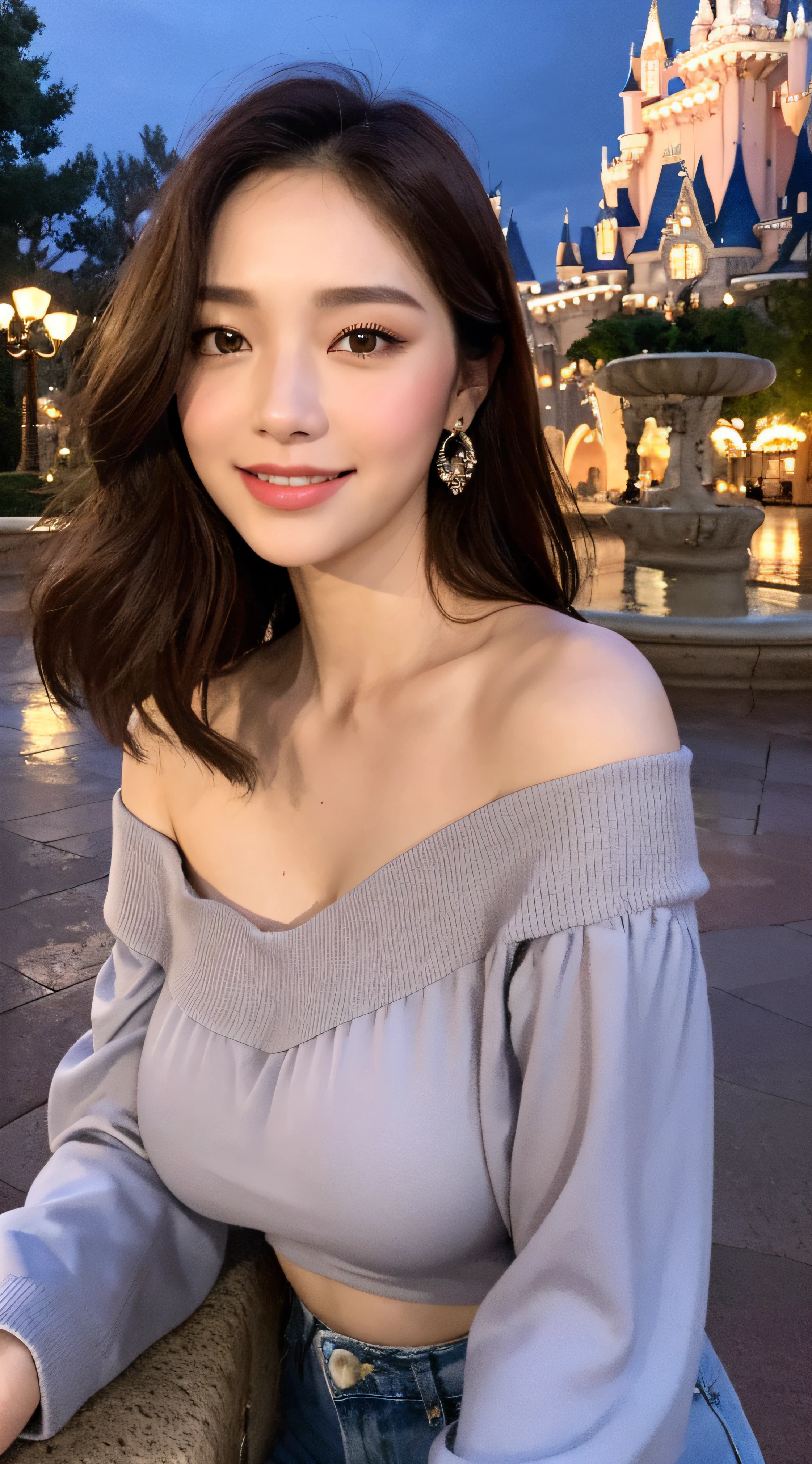 ((Night Scene, Realistic Light, Best Quality, 8k, Masterpiece: 1.3)), 1 Girl, Slim Body Beauty: 1.4, Brown Hair, (Big: 1.3), Off Shoulder Cut Top: 1.3, Ultra Detailed Face, Detailed Eyes, Double Eyelids, Disneyland, Fountain, Castle, Fireworks, Smile, Cleavage