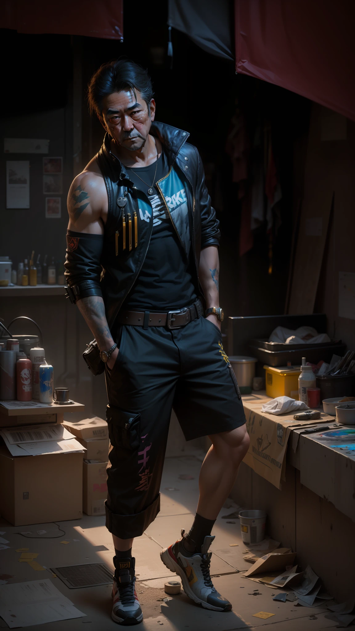 a painting of a Shinzo Abe, background, style of cyberpunk 2077, band of gold round his breasts