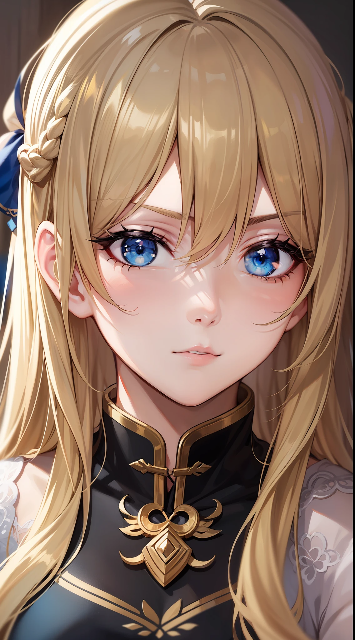 Adult girl, long blonde hair with white strands, blue eyes, black Chinese clothes, serious look, masterpiece, high quality