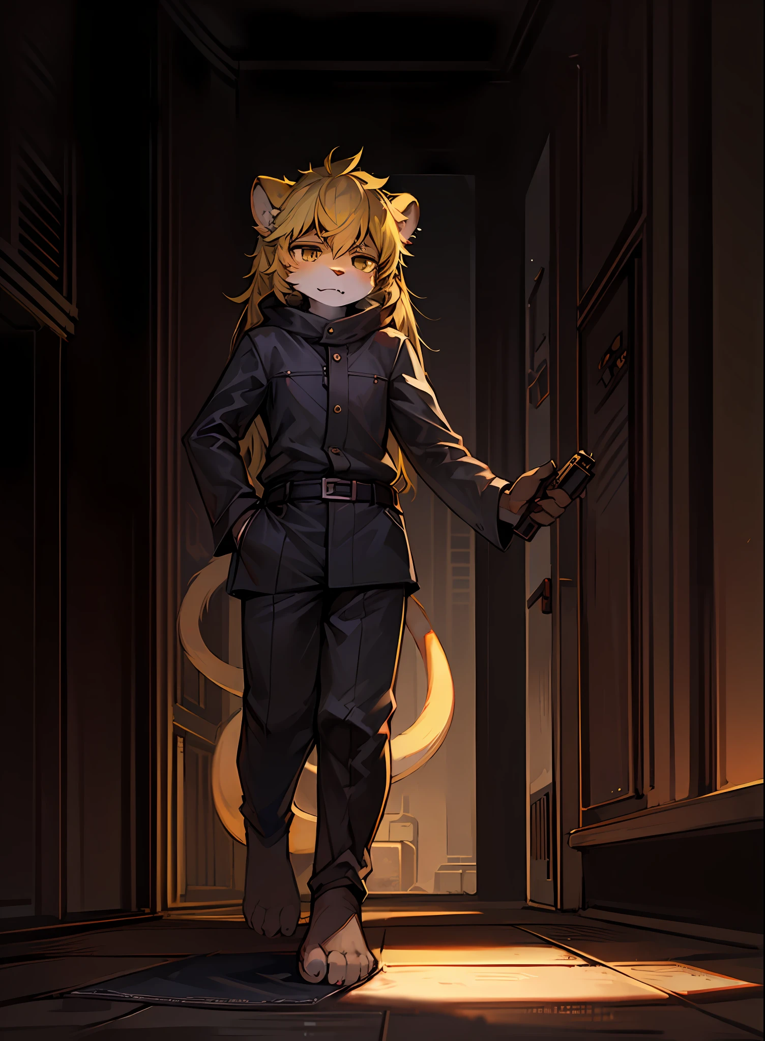 (Dark environment: 0.8), Lion Clan, Shota Ko, Furry ,,,, Very Fluffy, Small Ears, Long Tail, Barefoot, Holding a Pistol, Wearing Black, Yellow Hair, Sneering, Meat Mat,