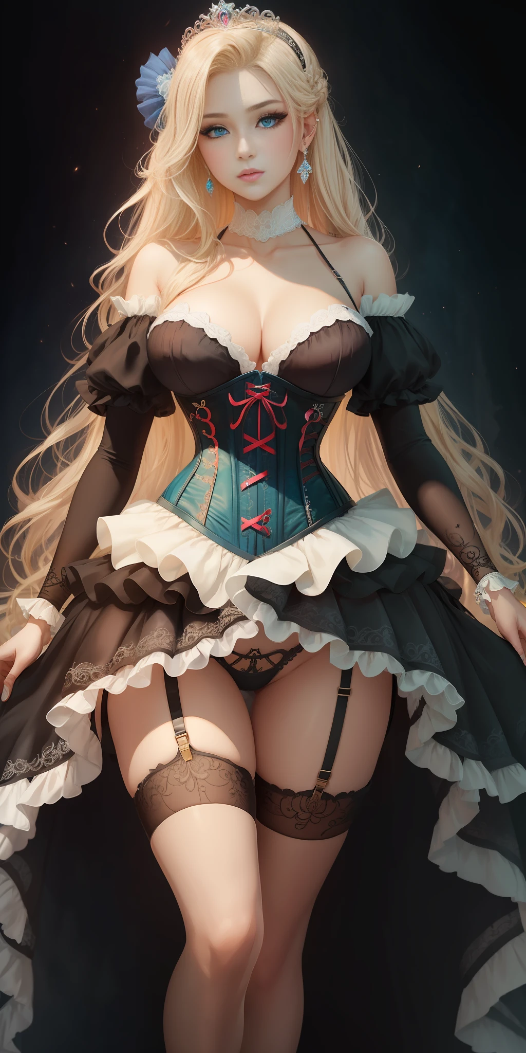 [black:aqua:0.65] theme, masterpiece, a girl's masterpiece, detailed visual art, blue eyes, light blonde hair, long hair, collarbone, royal princess, elegant, gorgeous quinceanera corset, corset piercing, detailed layered skirt, [detailed frills: 0.1], [frilled dress: 0.1], embroidery, [details princess dress: 0.1], off-the-shoulder, : 1.3, open crotch, thigh seam, garter belt, groin, [NSFW|uncensored], (simple background: 1.1), low-winged, full-body --auto