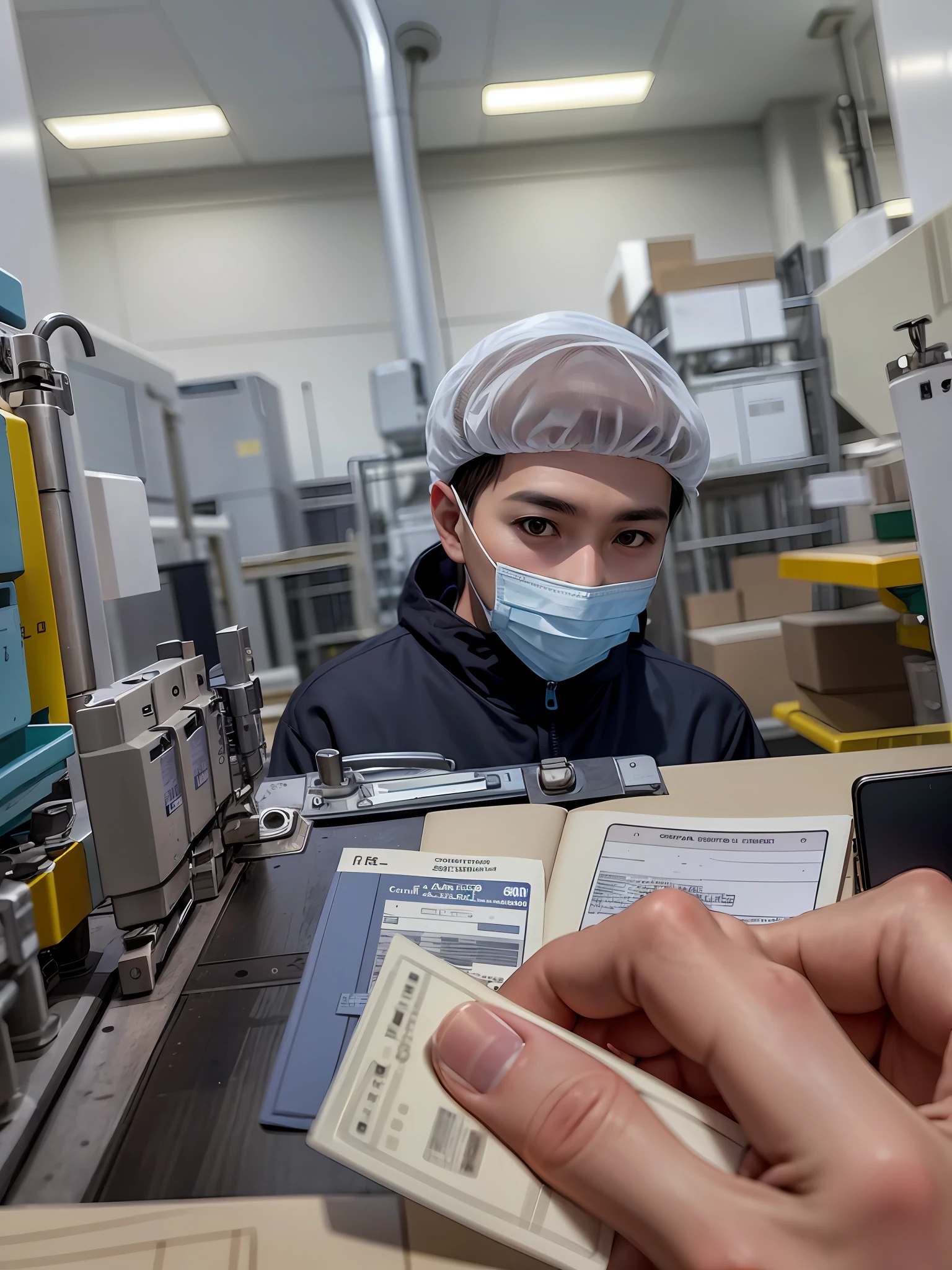 someone is checking out a passport while wearing a surgical mask, person in foreground, pleasant face, in a factory, healthcare worker, inspect in inventory image, people at work, bottom angle, shot on nikon z9, looking towards the camera, captured on canon eos r 6, focused photo, looking to his side, shot on sony a 7 iii, daoshi