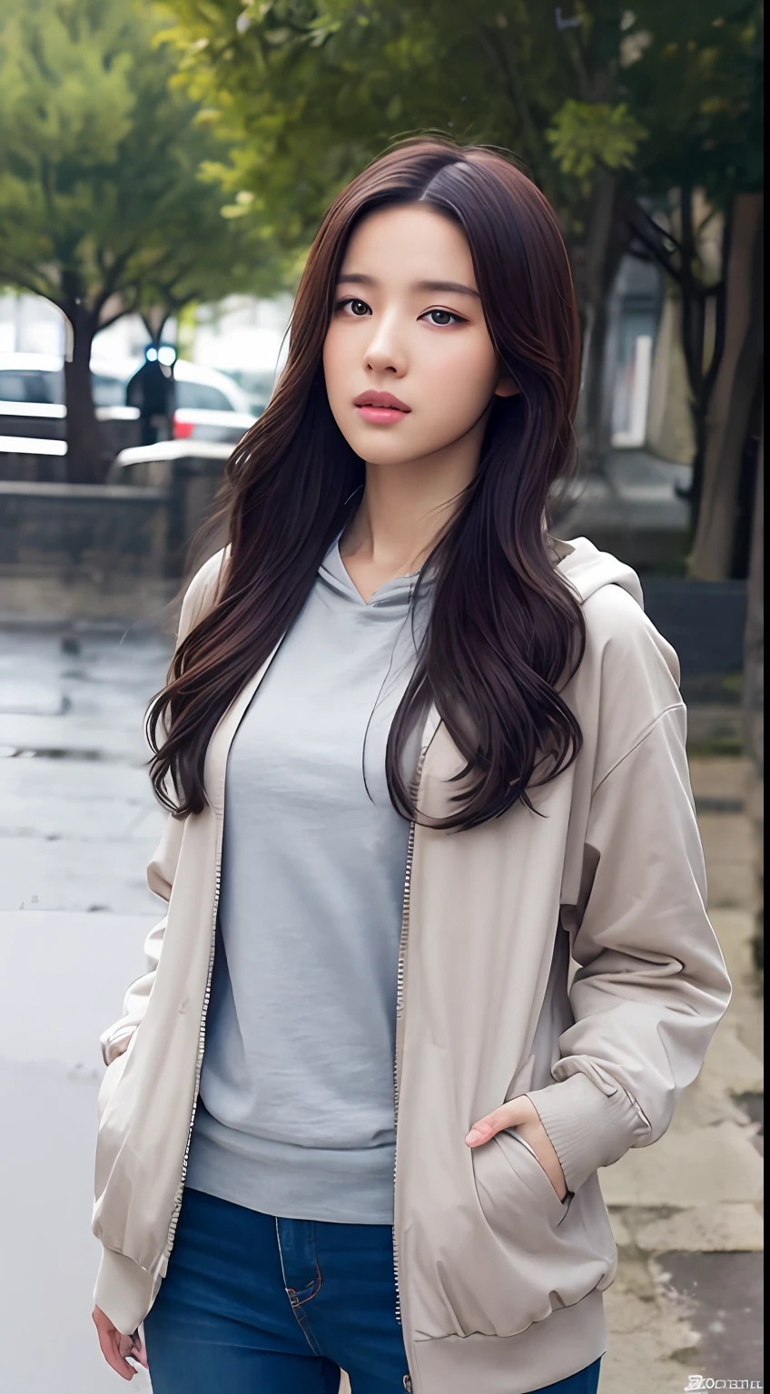 1girl, jacket, rain, outdoors, hoodie, open jacket, chain, backpack, looking at another person, messy hair, trends on artstation, 8k resolution, very detailed, anatomically correct, clear images, digital painting, concept art, trends on pixiv, makoto Shinkai style, nsfw