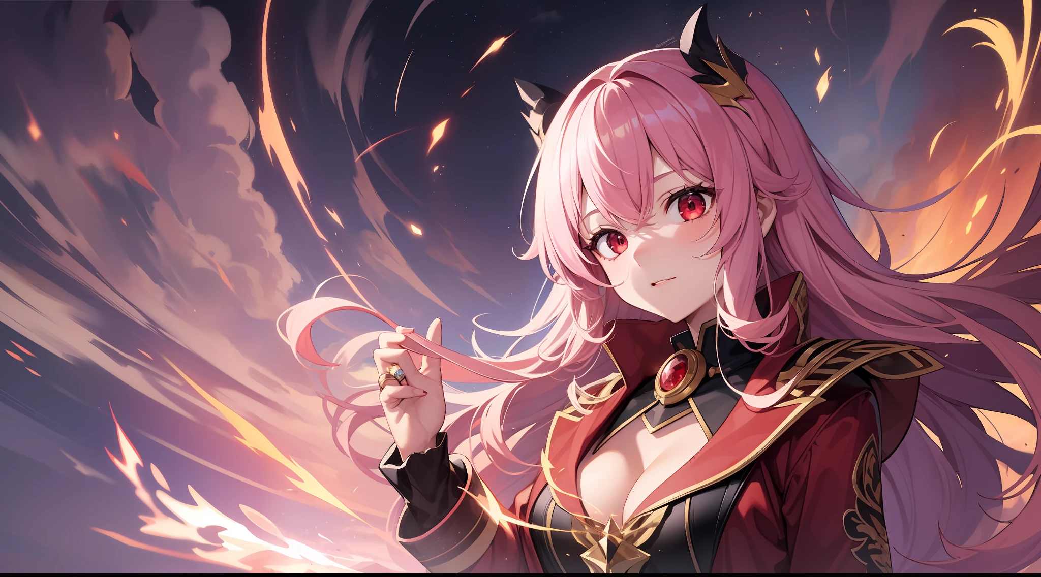 1girl, (18 years old), long hair , pink hair, hime cut, long sleeves, red coat, pectoral cleavage, male focus, black pants,  red eyes, ring, cute , swirl of fire, aura, magic, sparks, magic astral outdoor, highlight, cloud sky, (wide shot:1.2)