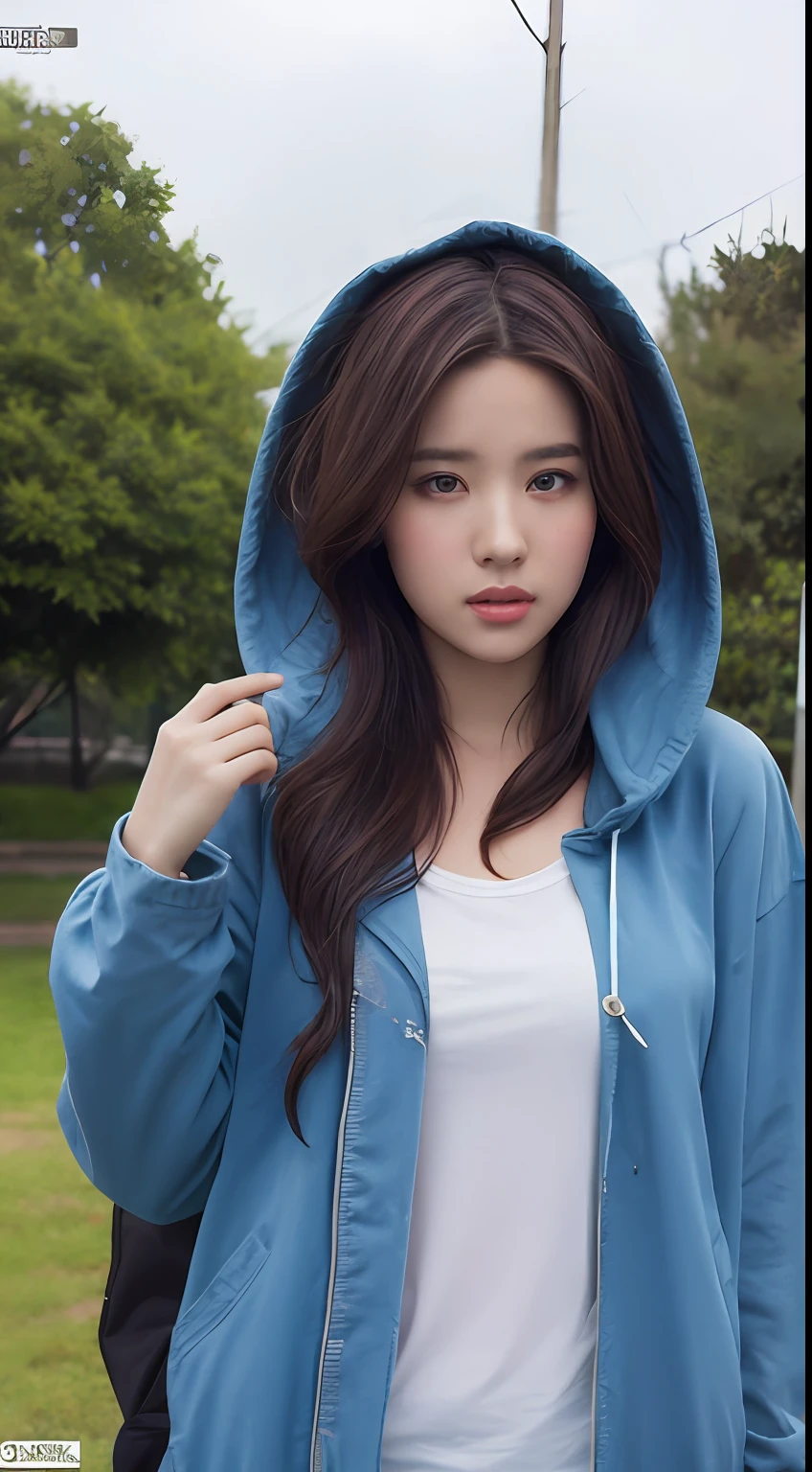 1girl, jacket, rain, outdoors, hoodie, open jacket, chain, backpack, looking at another person, messy hair, trends on artstation, 8k resolution, very detailed, anatomically correct, clear images, digital painting, concept art, trends on pixiv, makoto Shinkai style, nsfw