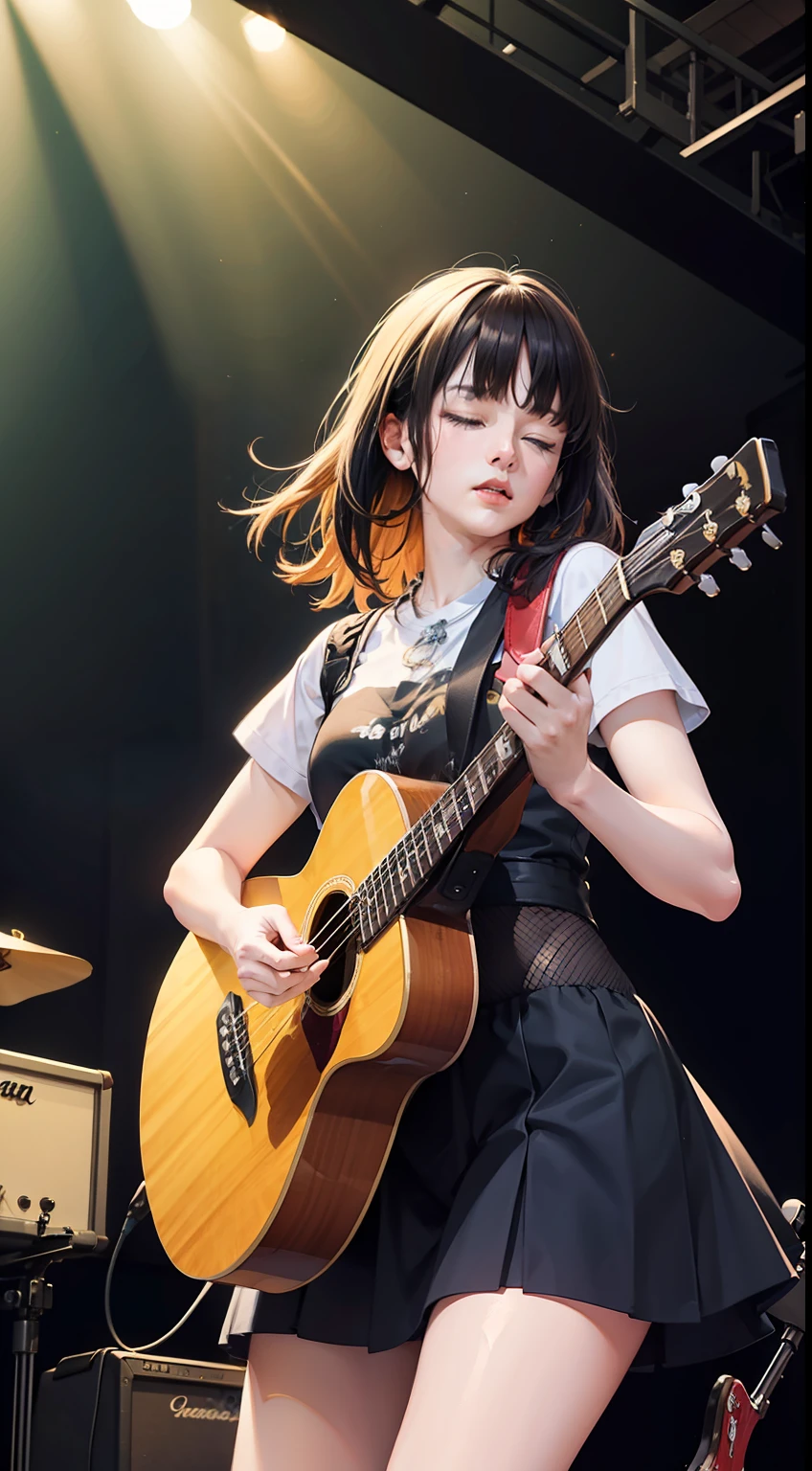 A girl on stage, strumming a guitar with passion- her eyes closed, lost in the rhythm. The spotlight accentuates her confident stance and long, flowing hair,Realism, Portrait, Acoustic guitar, Music stage, Soft lighting, Vibrant colors, Skin tone, Hair texture, Fingernails, Strumming motion, Fine details, Light and shadow, Performance attire, Stage backdrop, Wooden stool, Footrest, Microphone stand, Background musicians, Audience, Stage lights, Reflections, Instrument tuning, Sound equipment, Amplifier, Cable, Audio mixer, Equalizer, Sound engineer, Performance energy,(masterpiece:1,2), best quality, masterpiece, highres, original, extremely detailed wallpaper, perfect lighting,(extremely detailed CG:1.2), drawing, paintbrush,