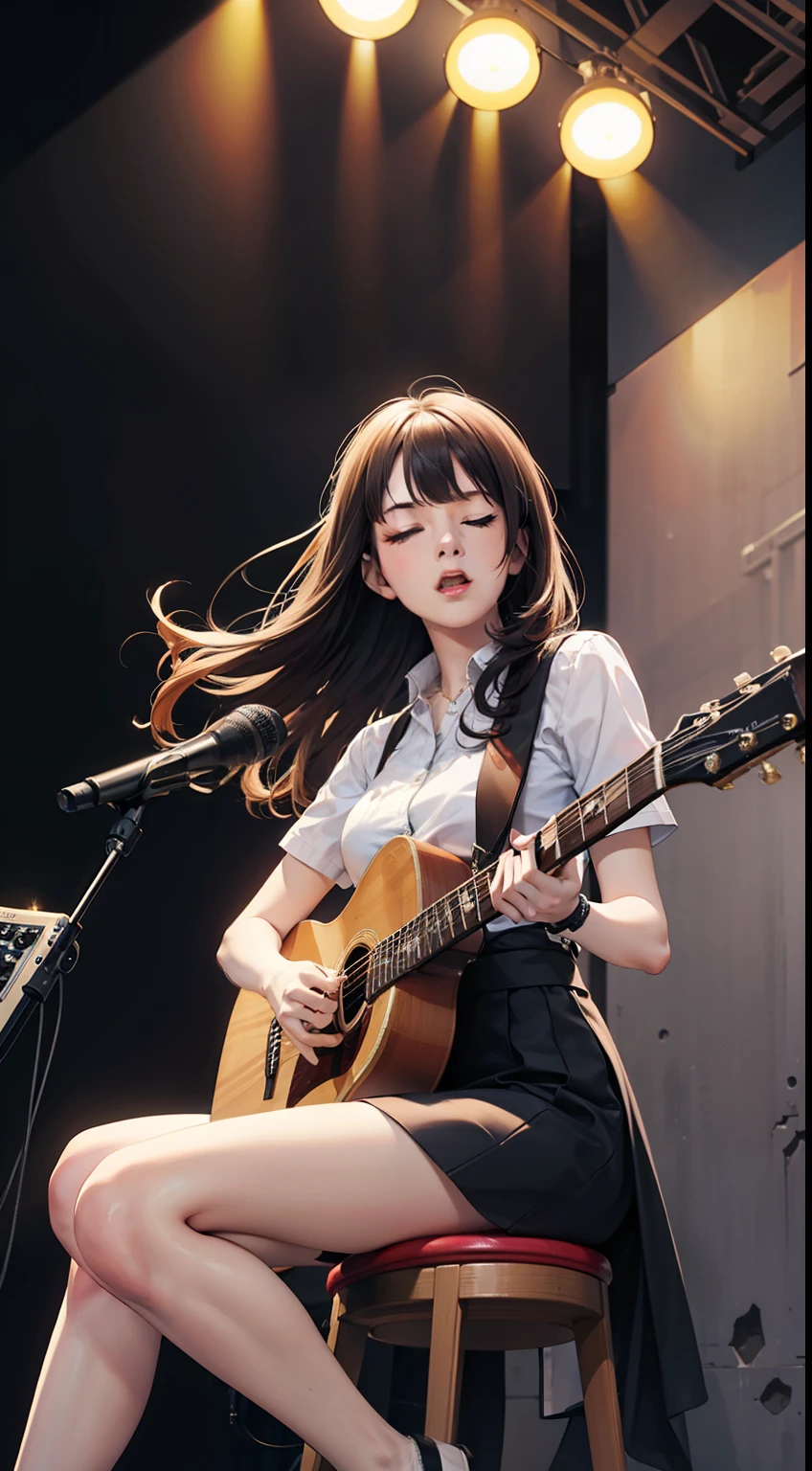 A girl on stage, strumming a guitar with passion- her eyes closed, lost in the rhythm. The spotlight accentuates her confident stance and long, flowing hair,Realism, Portrait, Acoustic guitar, Music stage, Soft lighting, Vibrant colors, Skin tone, Hair texture, Fingernails, Strumming motion, Fine details, Light and shadow, Performance attire, Stage backdrop, Wooden stool, Footrest, Microphone stand, Background musicians, Audience, Stage lights, Reflections, Instrument tuning, Sound equipment, Amplifier, Cable, Audio mixer, Equalizer, Sound engineer, Performance energy,(masterpiece:1,2), best quality, masterpiece, highres, original, extremely detailed wallpaper, perfect lighting,(extremely detailed CG:1.2), drawing, paintbrush,