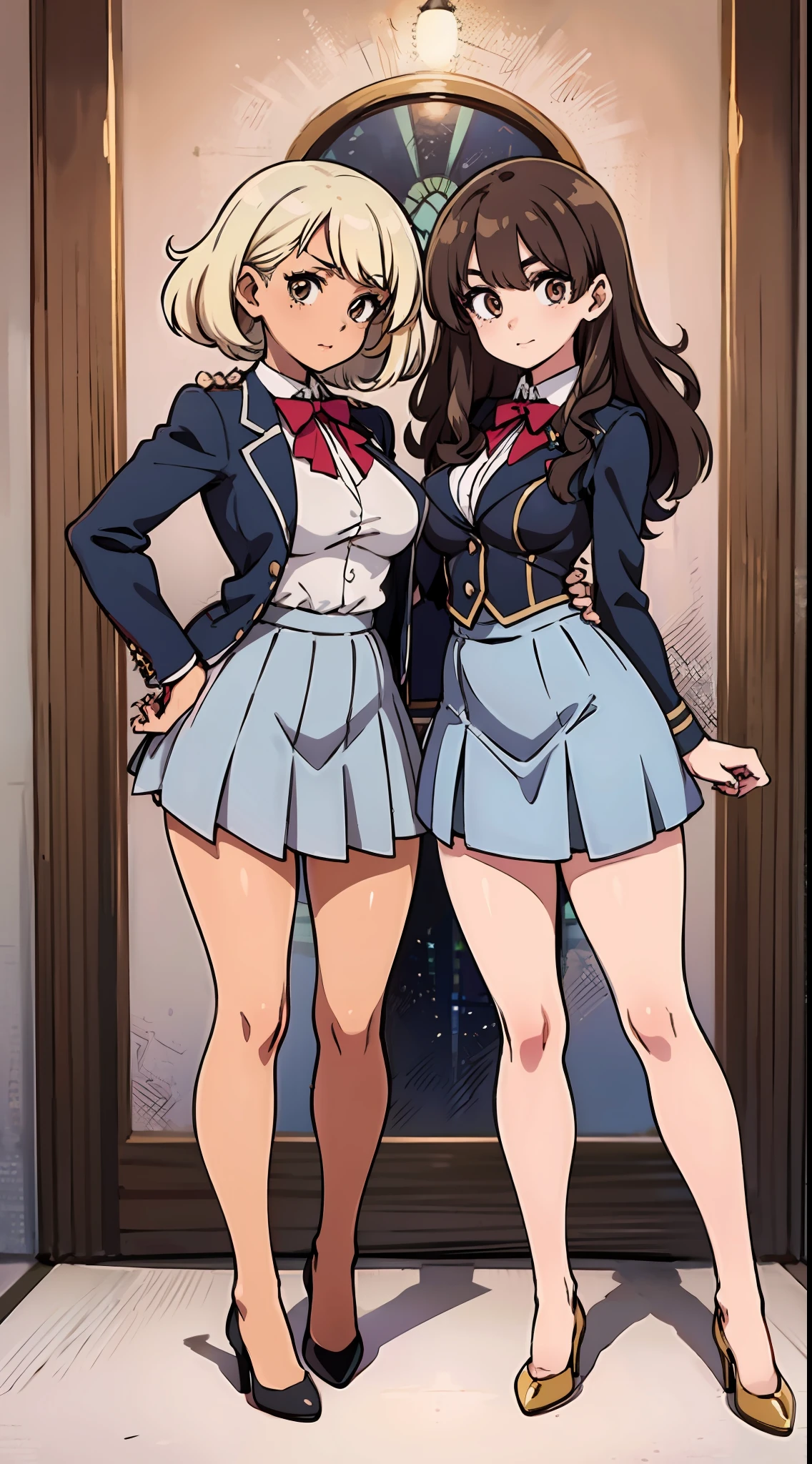 an anime style picture of the two fraternal twin sisters in the short skirts and white thigh high socks and high heels, 2girls, twins, hazel eyes, brown curly hair, blonde curly hair, ((1 blonde girl, 1 brown haired girl)), duo, gray blazer, gray skirt, black high heels, uniform, highly detailed face, perfect feet, portrait, full body, matching outfits, matching hairstyles