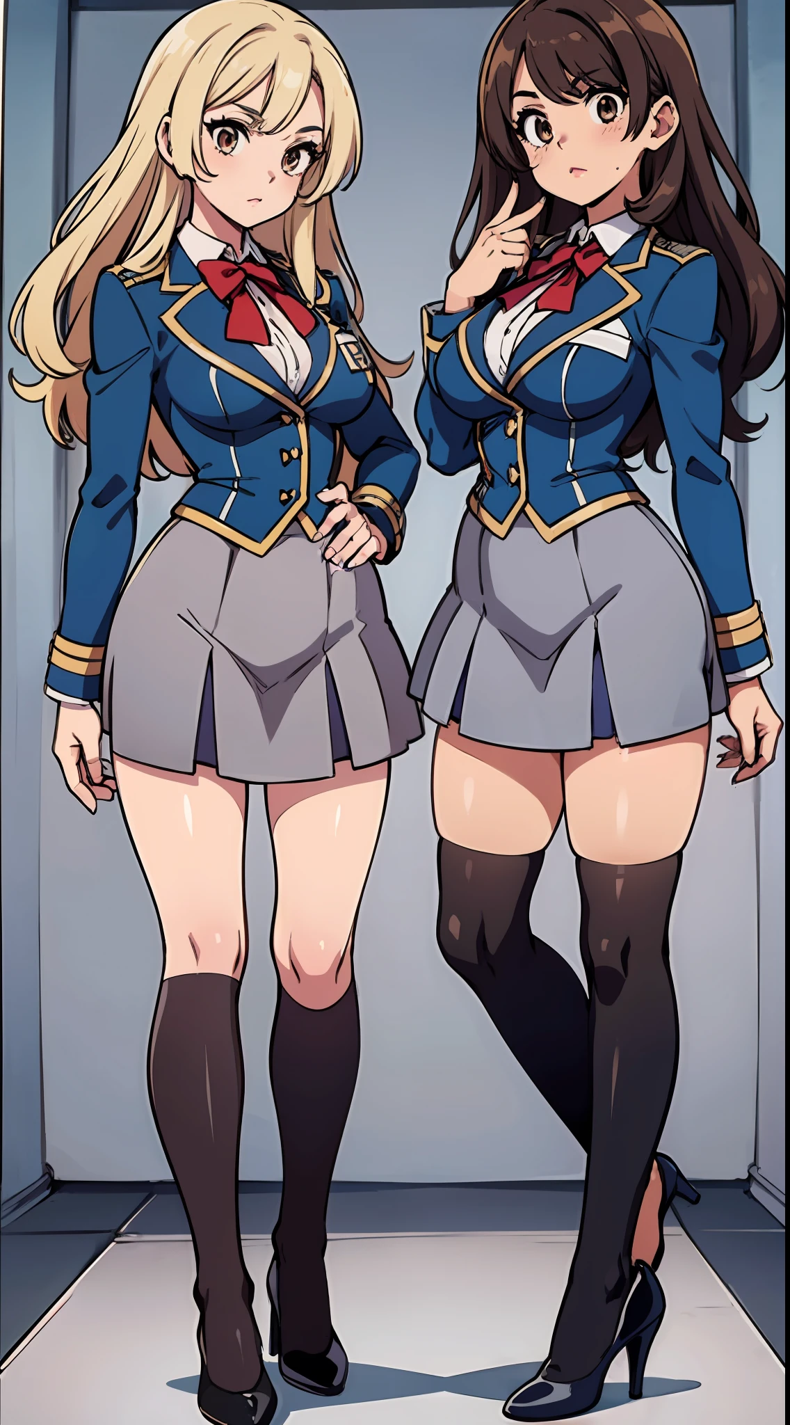 an anime style picture of the two fraternal twin sisters in the short skirts and white thigh high socks and high heels, 2girls, twins, hazel eyes, brown curly hair, blonde curly hair, ((1 blonde girl, 1 brown haired girl)), duo, gray blazer, gray skirt, black high heels, uniform, highly detailed face, perfect feet, portrait, full body, matching outfits, matching hairstyles