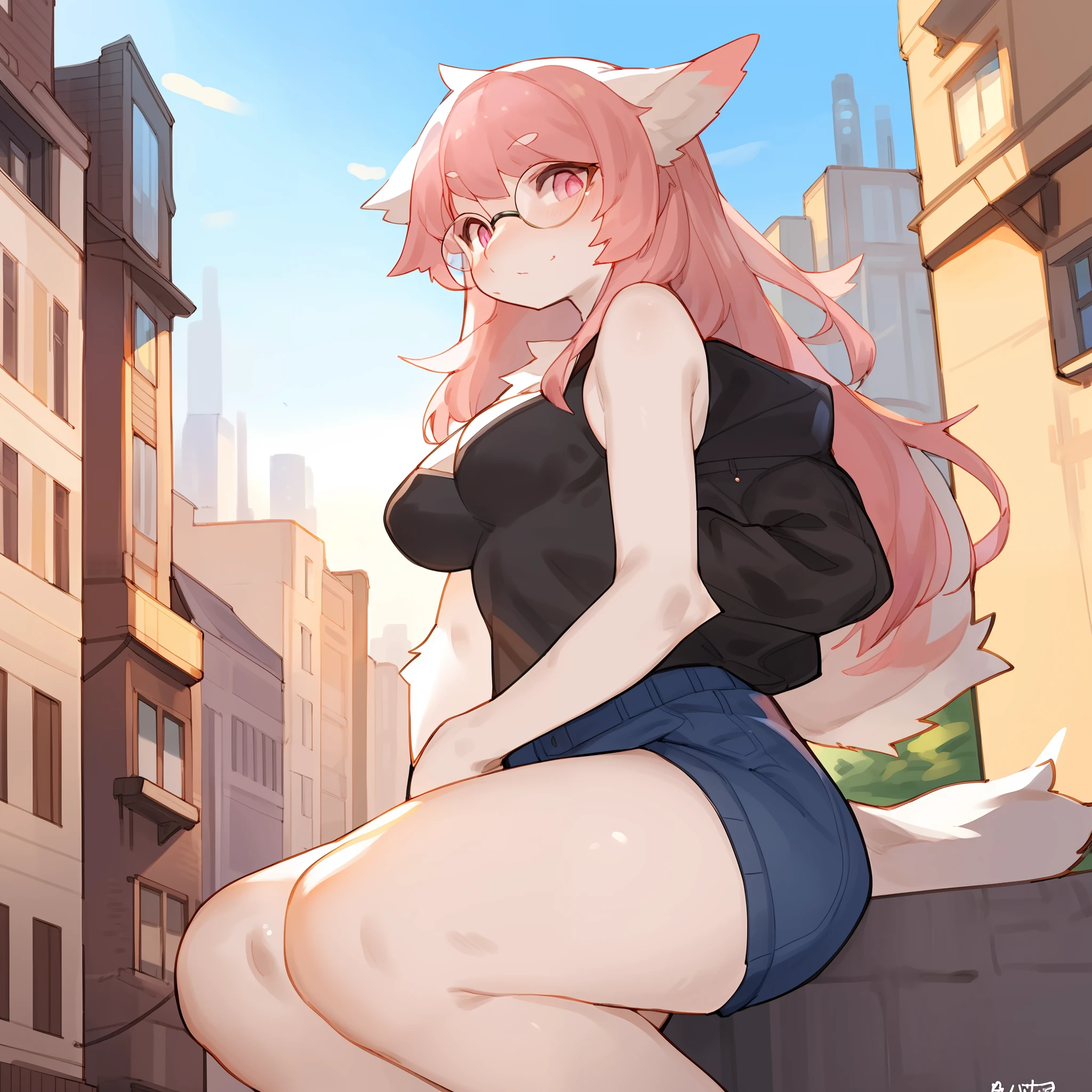 Solo, female, white fur, peach colored hair, pink eyes, detailed eyes, detailed hands, medium breasts, thick-rimmed glasses, by buta99, by bebebebebe, clothed, city