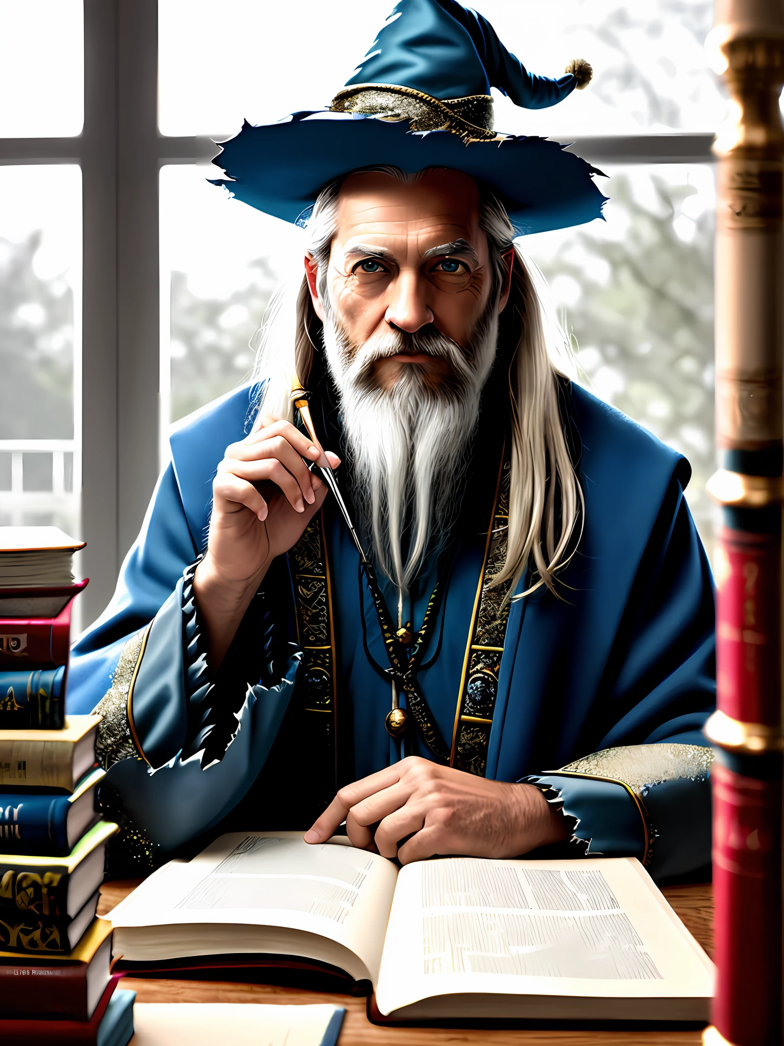 award winning waist up photo of a rugged fantasy wizard, 8K, wizard hat, wearing torn wizard robes, old and wrinkled, long white hair and beard, blue eyes, library, books in foreground, large window in background, fantasy, wonder, amazing, magical tools on table in background, bright wizard office or study, shiny skin, backlighting, bloom, light sparkles, sharp focus