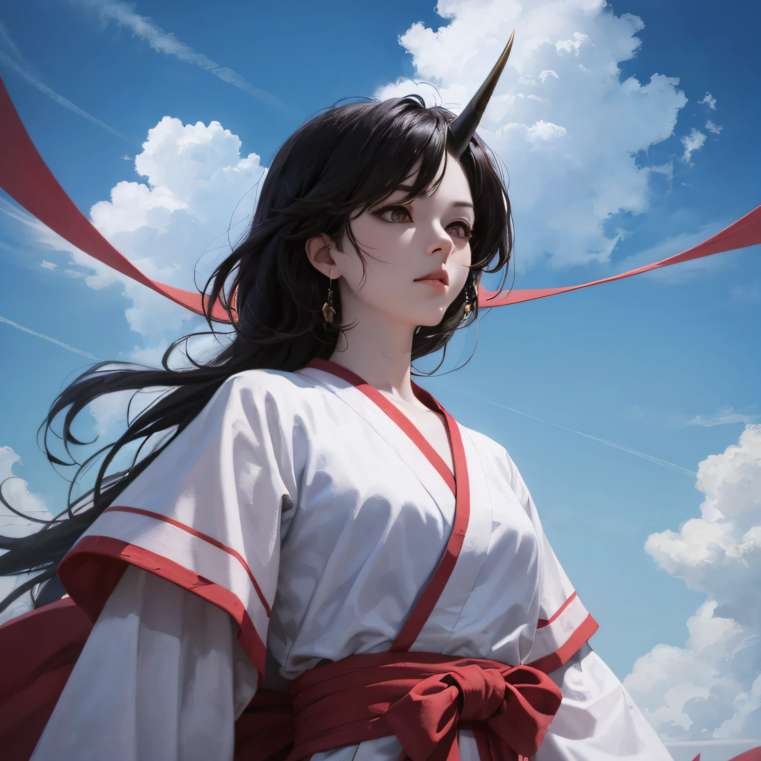 Masterpiece), (Excellent), (Extremely Fine), White Dew, Straight Eyes, Spectator, Mage Robe, Horn Two, Upper Body, Flower, Streamer, White Cloud Blue Sky, Professional Posture, Roxy, Mushoku Tensei, Dynamic Sky, Migurd, Beautiful Aura --auto