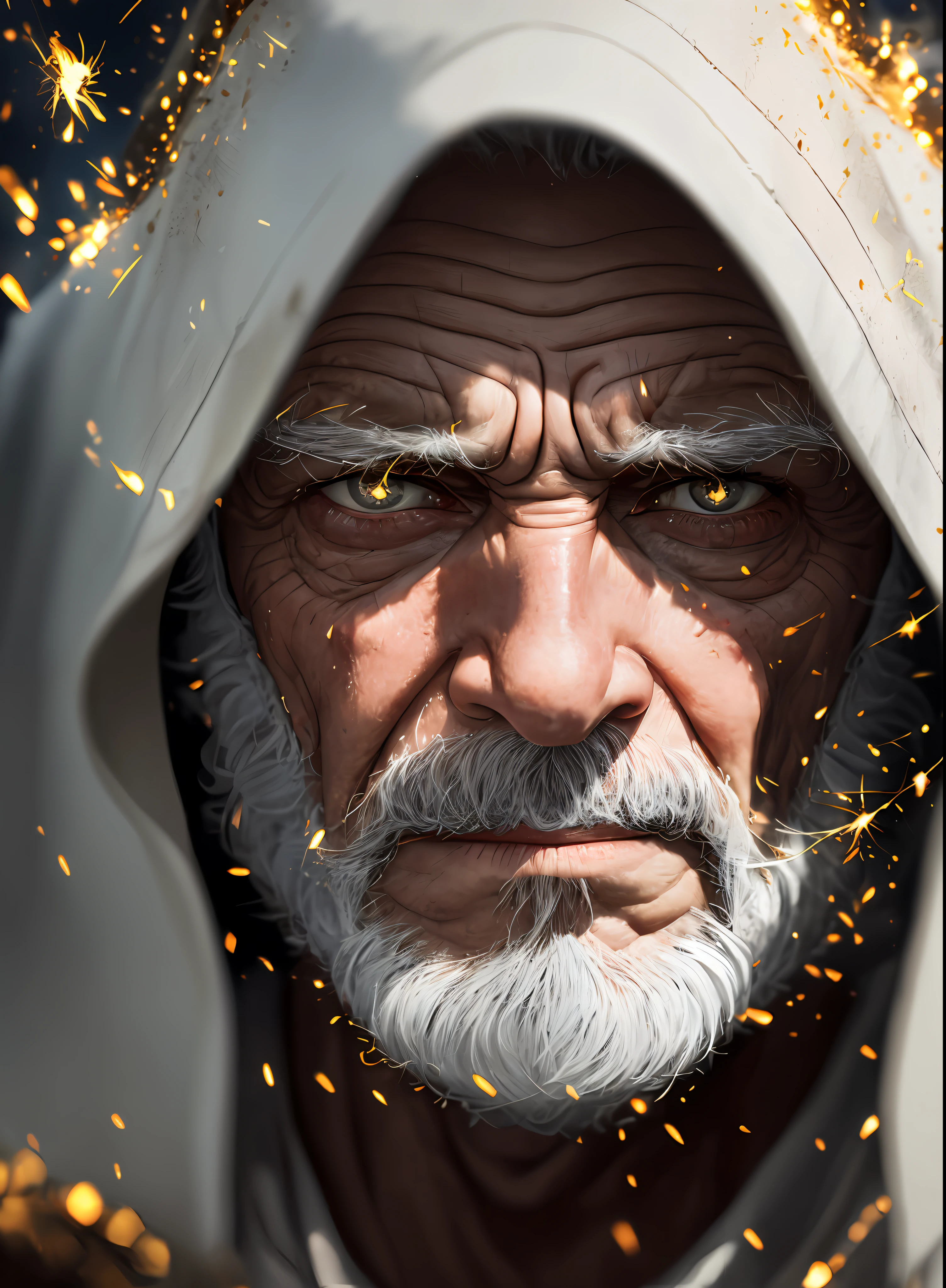 An epic close up portrait of elderly intense sinister eyes, and nose with long white beard, framed with a faded ancient tattered white linen hood, reflecting gold sparks in the irises of the eyes, white eyebrows, at night, dramatic lighting, high contrast, highest definition, hyperrealism, hyperrealistic, photorealistic, high resolution, hdr photography, 8k --auto --s2
