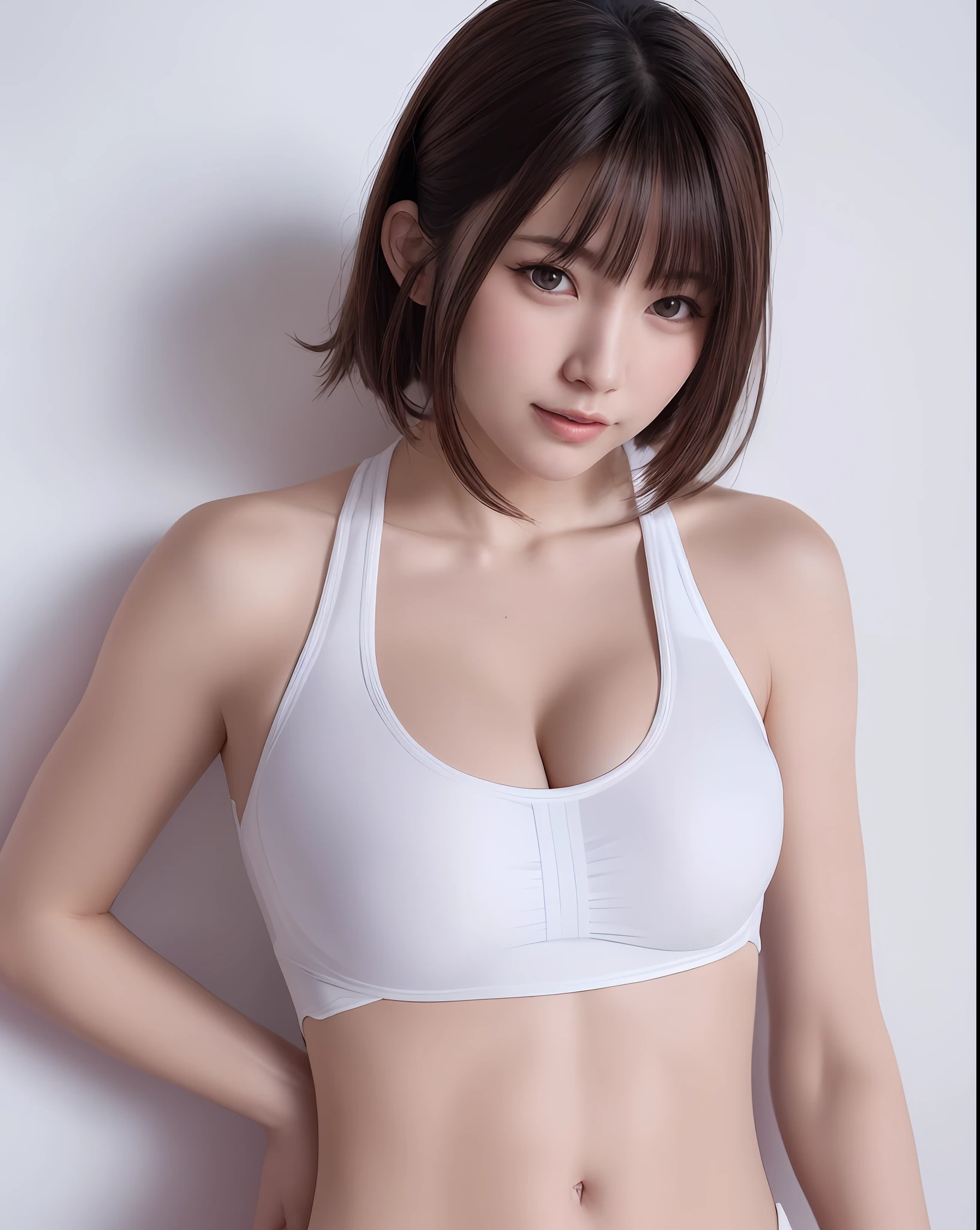 Top Quality, Photorealistic, 8K, High Definition, 1 Girl, Female, (Skindentation), (Portrait:0.6), Gorgeous, ((White Background, Competitive Swimsuit, Big:1.72)), ((Short Straight Hair, Parted Bangs:1.7)), View Viewer, (1 Girl's EyesView: 1.6), Photorealistic, (Bokeh), (Smile, Mouth Closed:1.3), Gorgeous, pureerosface_v1:1,