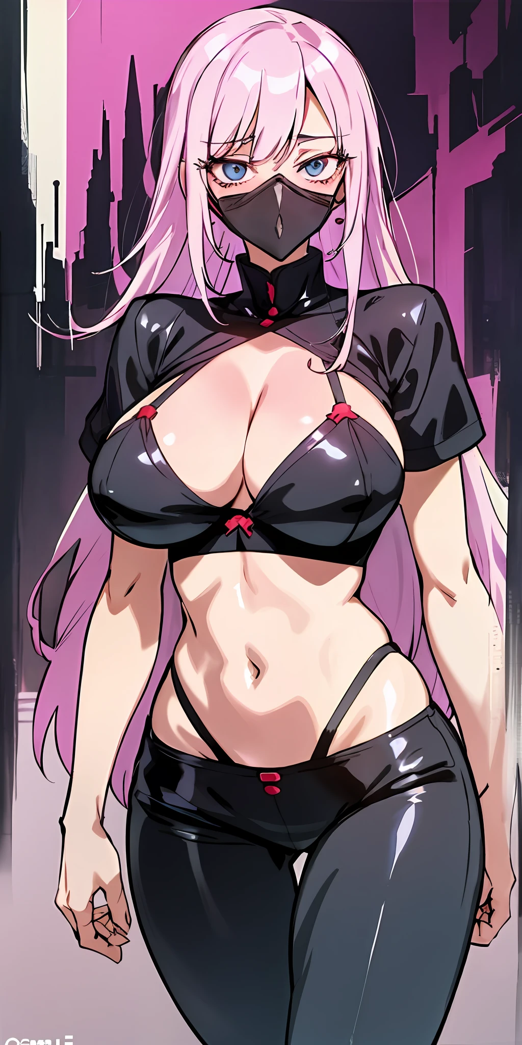 A closeup of a woman in a black top and a mask, seductive anime girl, cyberpunk Oppai, biomechanical oppai, Ecchi anime style, female cyberpunk anime girl, beautiful seductive anime woman, Gapmoe Yandere Grimdark, c.c. video geass, (Anime Girl), breasts covered and SFW, Marin Kitagawa fanart, Demon Anime Girl