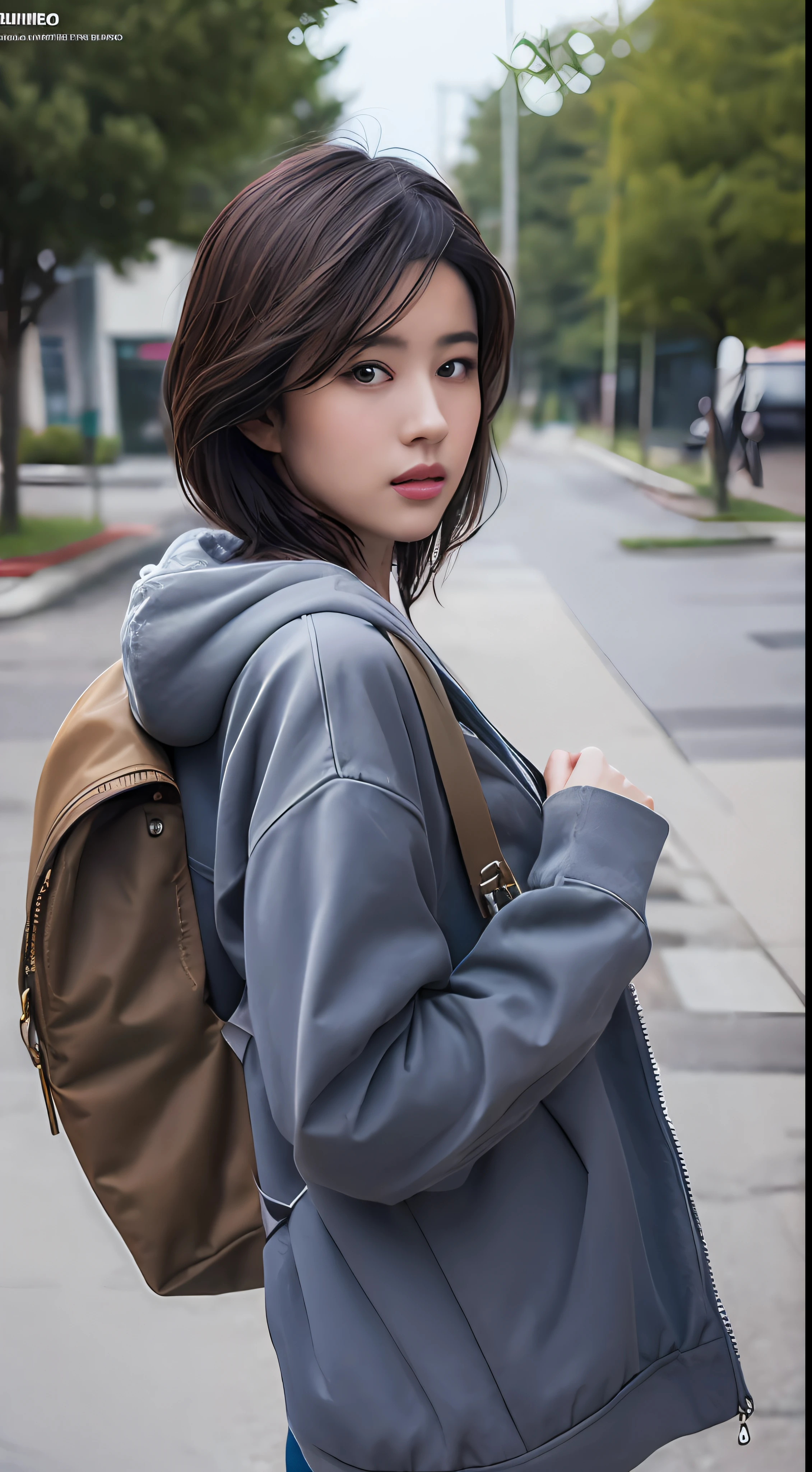 1girl, jacket, rain, outdoors, hoodie, open jacket, chain, backpack, looking at another person, messy hair, trends on artstation, 8k resolution, very detailed, anatomically correct, clear images, digital painting, concept art, trends on pixiv, makoto Shinkai style, nsfw