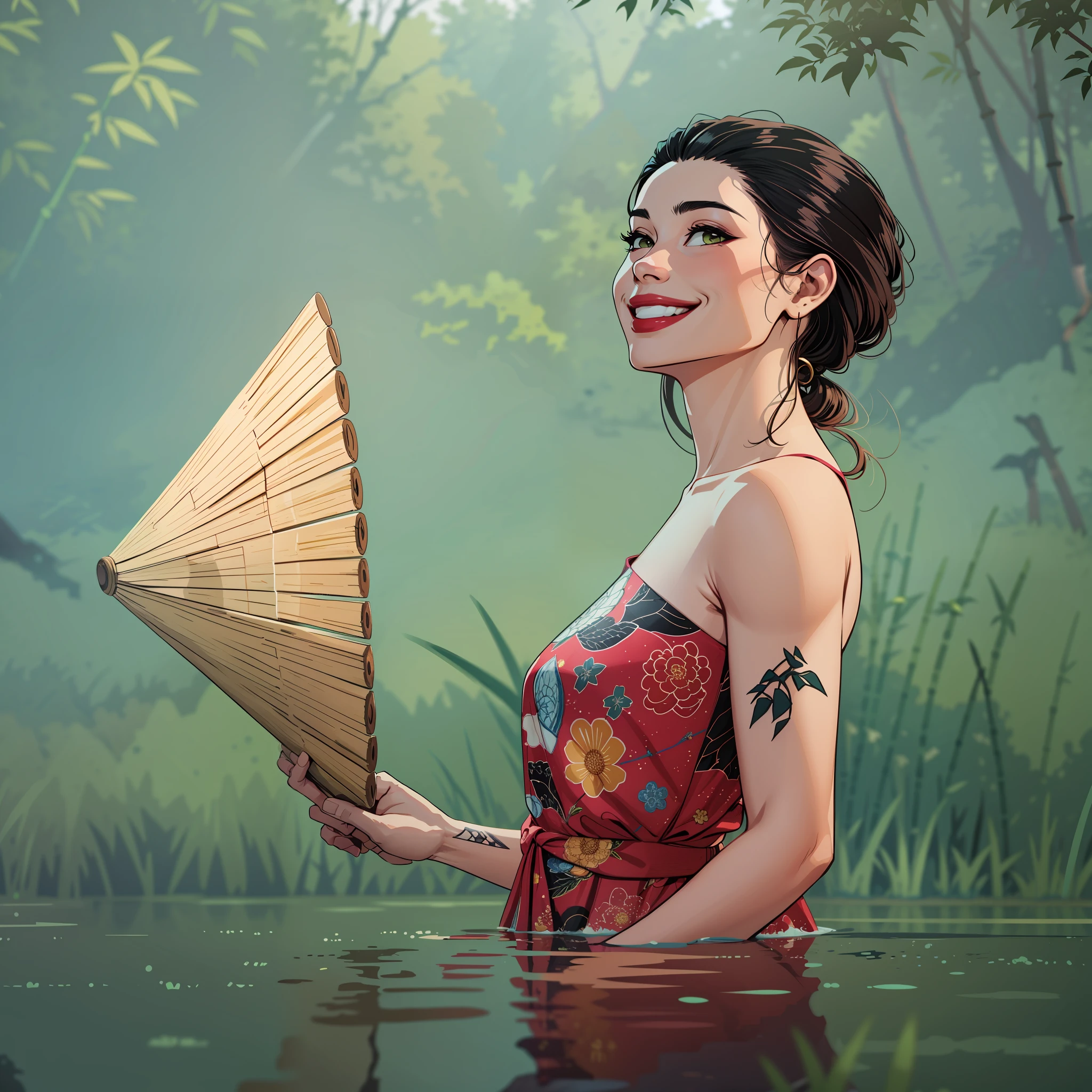 Comic style, inked, lineart style, woman at a lake holding a bamboo hat, smiling, dynamic lighting, cinematic shadows, flat art, uhd