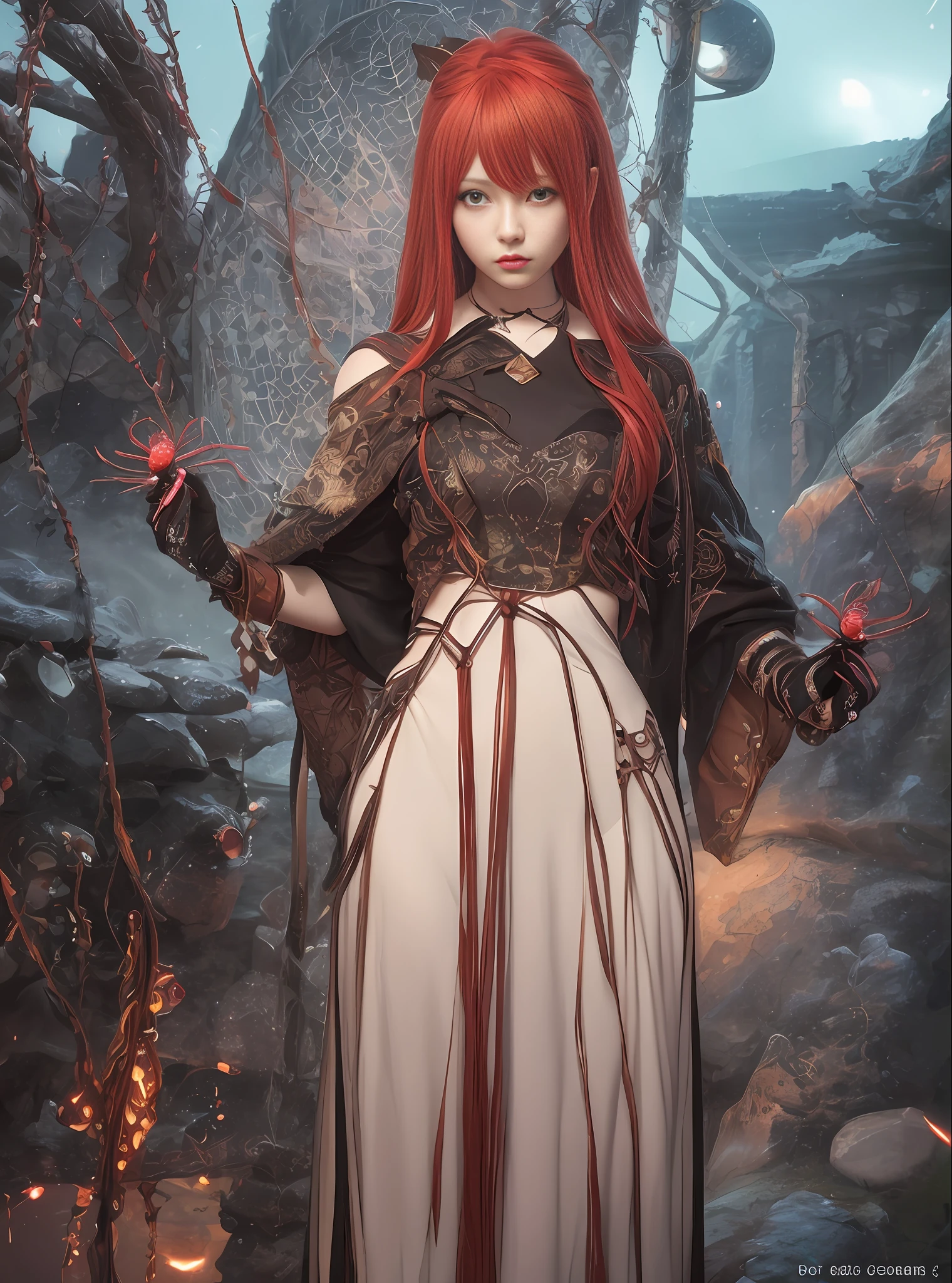 anime girl with red hair and a spider web in her hand, by Yang J, dark fantasy style art, 8k stunning artwork, 2. 5 d cgi anime fantasy artwork, 4k fantasy art, 8k high quality detailed art, 4k highly detailed digital art, anime fantasy artwork, dark fantasy art, ross tran 8 k, anime style 4 k