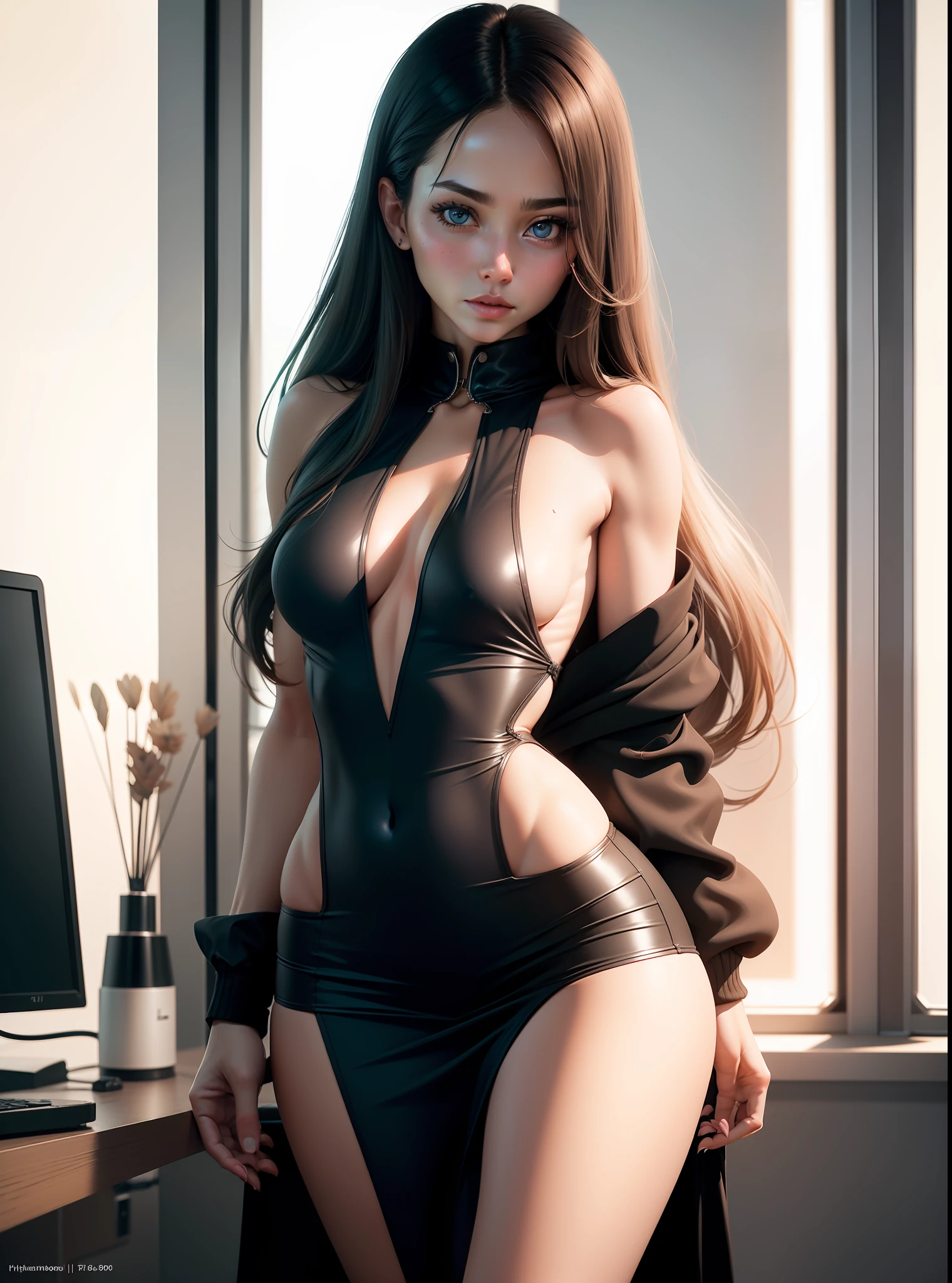hiqcgbody, high detail RAW color photo, fit physique, (elegant, beautiful face), (skin detail), (oil: 0.6), (Tesla coil: 0.4), soft light, (side light: 0.8), shadow projection, deep focus, shot with Leica 10772 MP, 85mm macro lens, F/8 aperture, film still, (office girl, sexy), long hair, fashion princess, (office girl, sexy), long hair, fashion princess, (extremely detailed) (extremely detailed and expressive eyes) (small face) (small, expressive eyes) _, delicate little, exposed breasts, exhibitionists))), exposed clothes