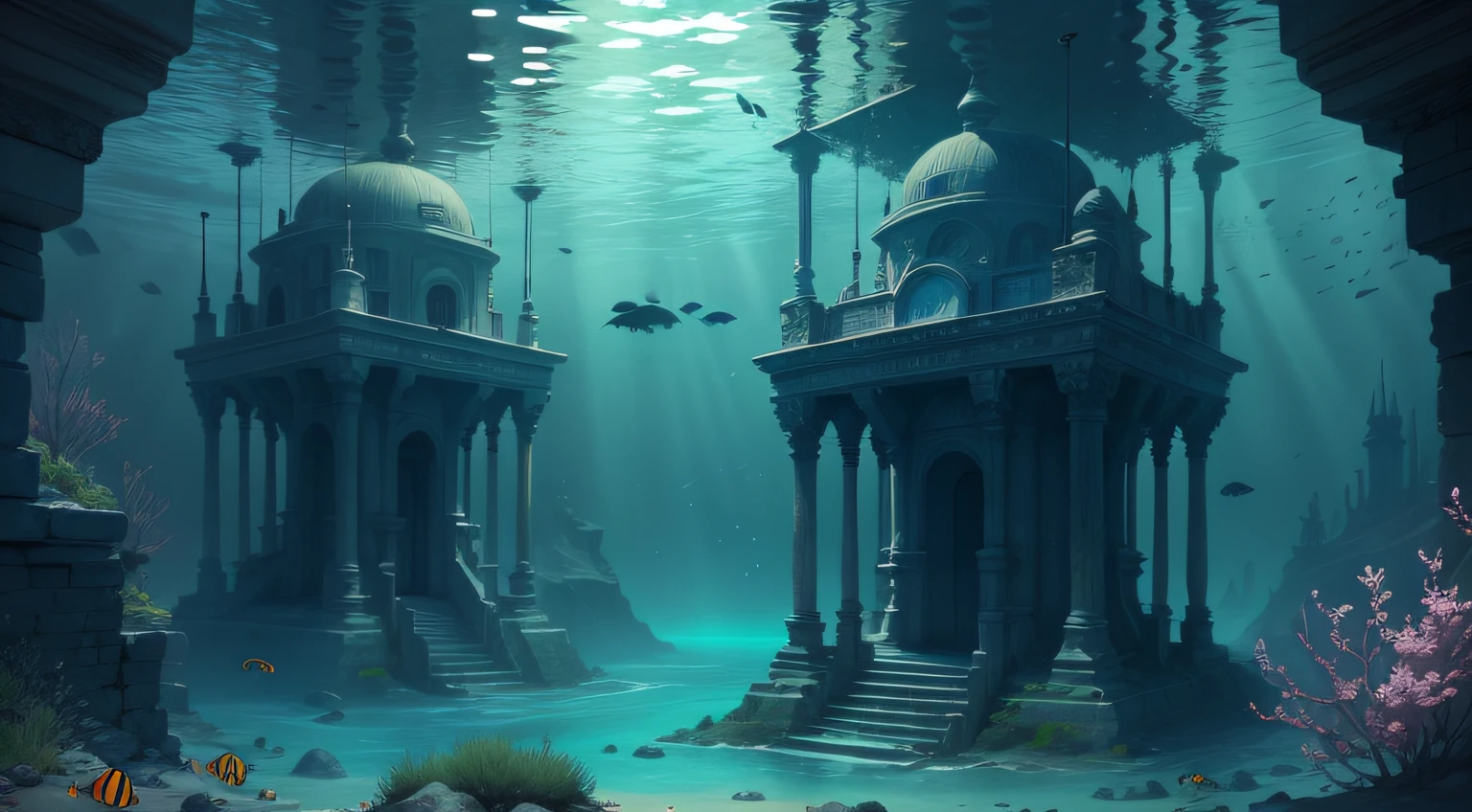 beautiful ancient city underwater, high quality, high definition