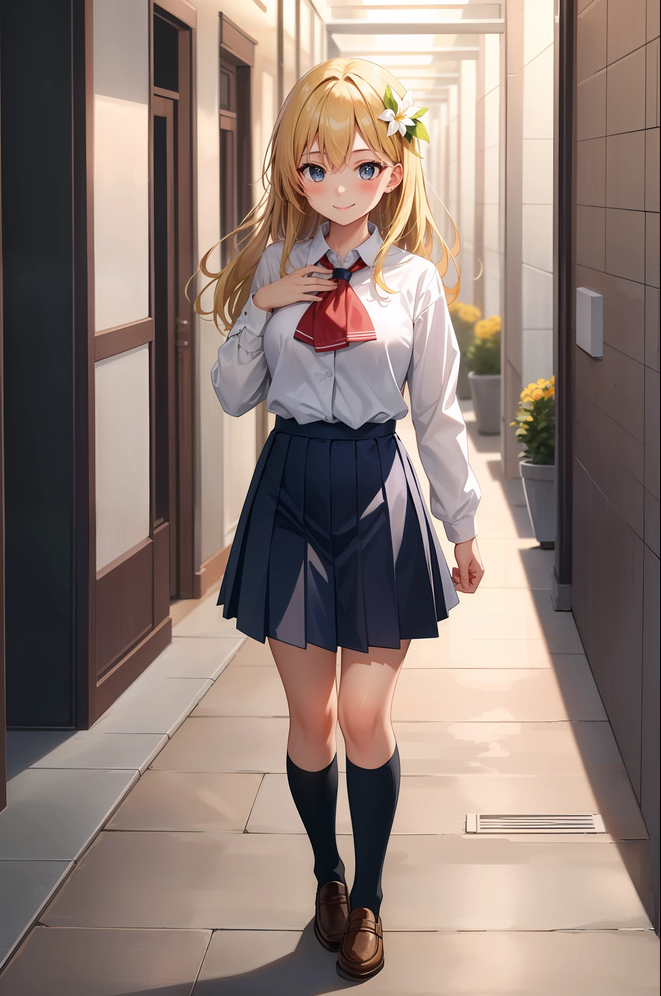 masterpiece, best quality, blonde haired girl, flower hair, black schoolgirl uniform, ascot, hallway, walk, smile