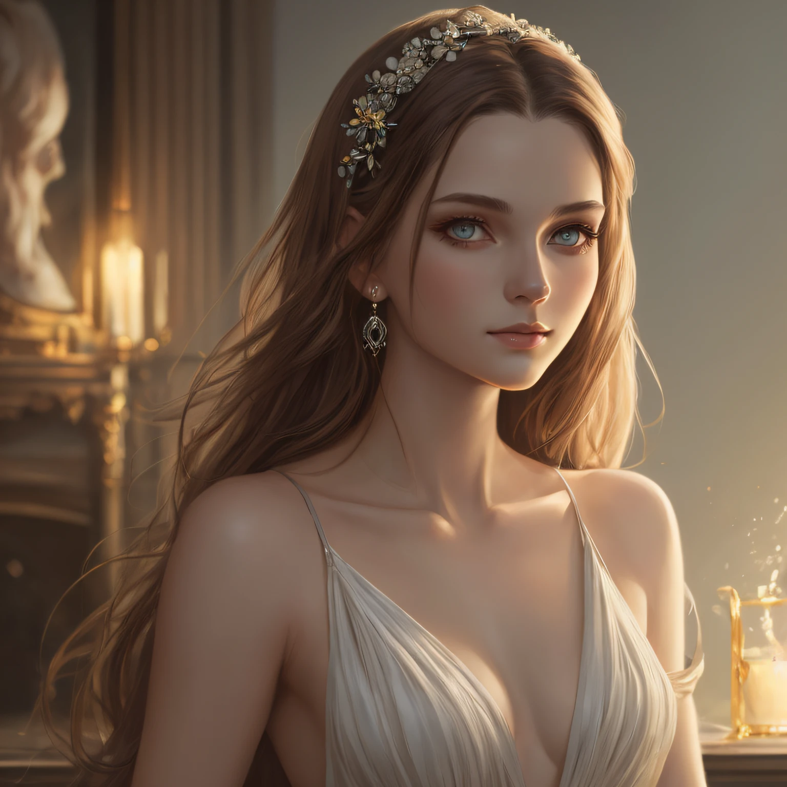 hyper-real), (illustration), (high resolution), (best quality, 8K, masterpiece: 1.3), (very detailed), (best illustration), perfect body beauty: 1.4, (beautiful detailed eyes), (super detail), (desktop wallpaper), (detailed face), milky white and fair skin, high detail skin, realistic skin details, visible pores, (dynamic pose), the art of John Collier and Albert Obright and Krenz Kusatt and Artem Demura, Open shoulder dress: 1.4, shallow smile, camelto, half body, --auto