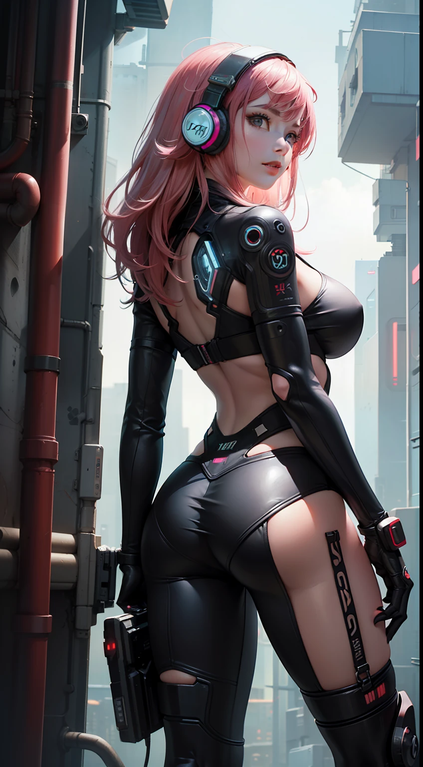 1girl, large breasts,Upper human,lower body machinery, ((mechanical arse)),mechanical two legs,narrow waist,prefect female body, long legs,White leather coatmechanical parts, (( headphone, hair ornament)),((long hair, pink hair)),pink leather ,light smile, stunning innocent symmetry face,(8k, raw photo, best quality, masterpiece),(photon mapping, radiosity, physically-based rendering, automatic white balance),illustration, CG, unity ,wallpaper, official art,amazing, finely detail, an extremely delicate and beautiful, extremely detailed,highly detailed, sharp focus, rich background,(real ,photograph), (((high detailed skin,visible pores))), (highly detailed face:1.3), masterpiece, best quality, (ultra high res,photorealistic,realistic,best quality,photo-realistic), (((Cyberpunk))), 
，