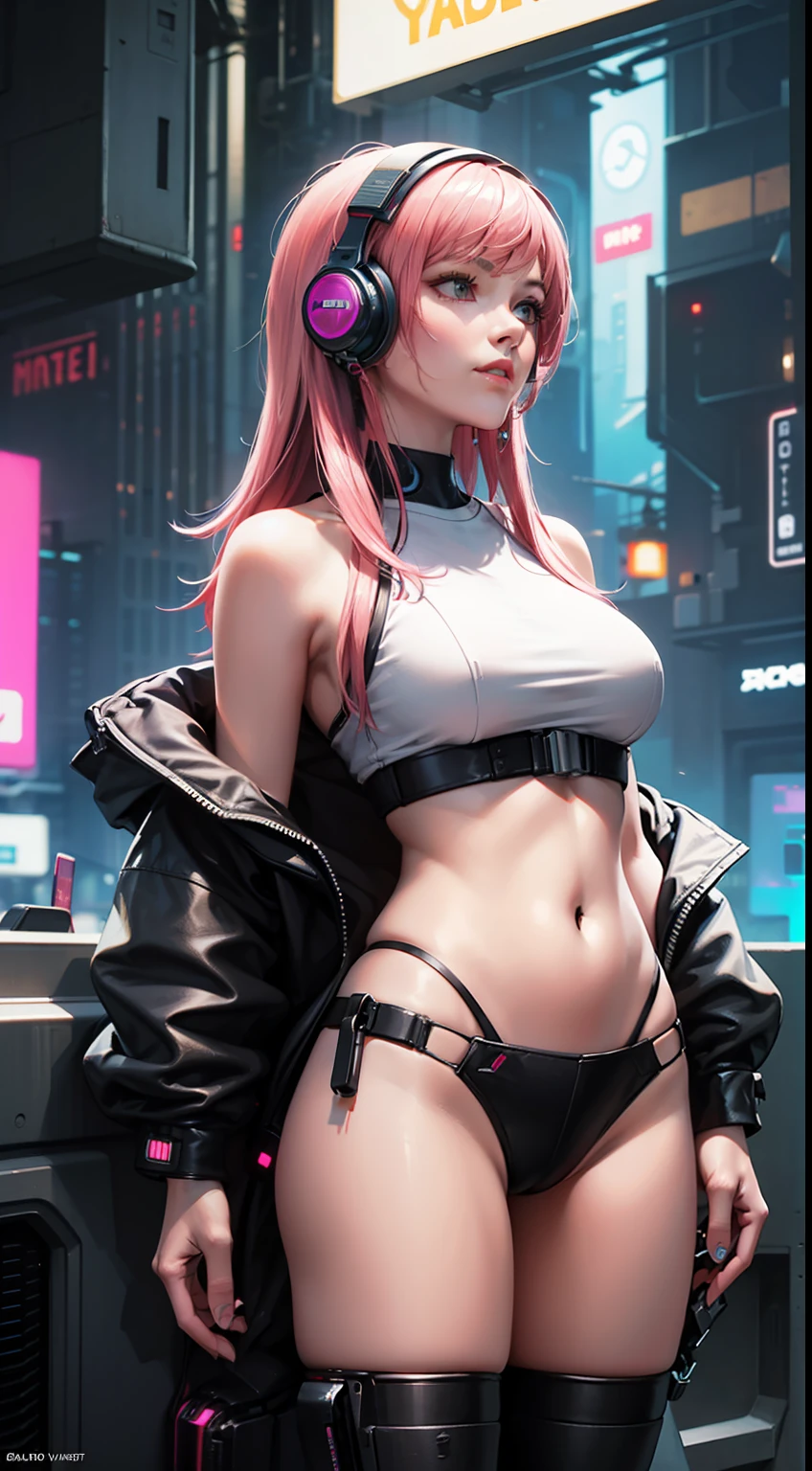 1girl, large breasts,Upper human,lower body machinery, ((mechanical arse)),mechanical two legs,narrow waist,prefect female body, long legs,White leather coatmechanical parts, (( headphone, hair ornament)),((long hair, pink hair)),pink leather ,light smile, stunning innocent symmetry face,(8k, raw photo, best quality, masterpiece),(photon mapping, radiosity, physically-based rendering, automatic white balance),illustration, CG, unity ,wallpaper, official art,amazing, finely detail, an extremely delicate and beautiful, extremely detailed,highly detailed, sharp focus, rich background,(real ,photograph), (((high detailed skin,visible pores))), (highly detailed face:1.3), masterpiece, best quality, (ultra high res,photorealistic,realistic,best quality,photo-realistic), (((Cyberpunk))),
,