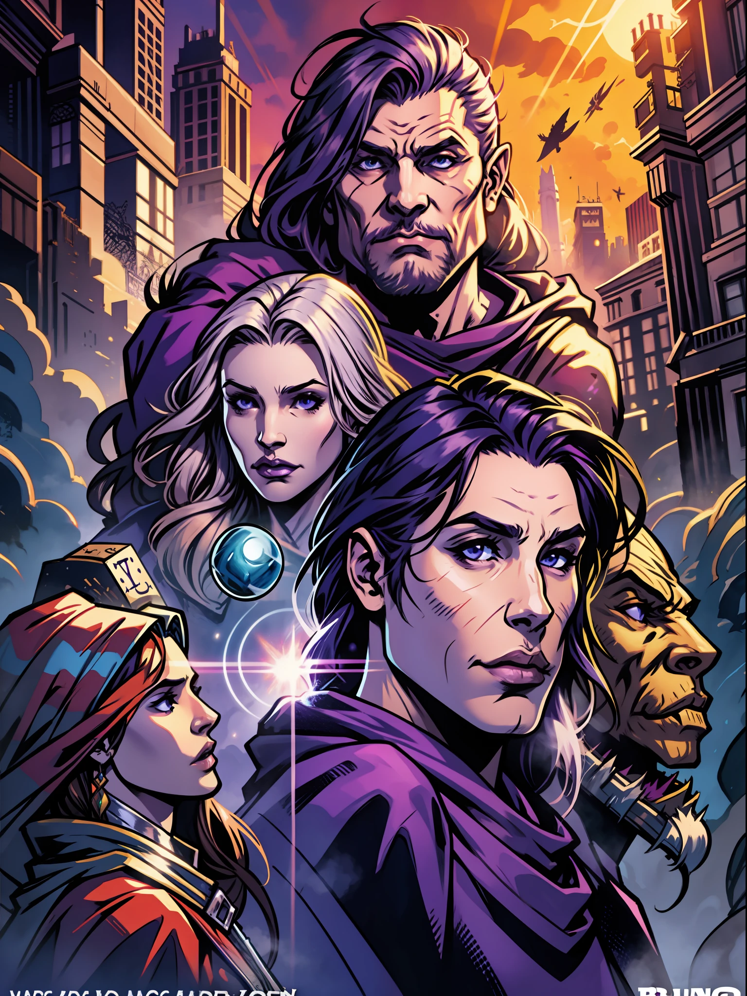 Barbarian group, D&D CHARACTERS, RPG, purple cloaked druid wizard, volumetric lighting, cover poster, official cover, RPG campaign,