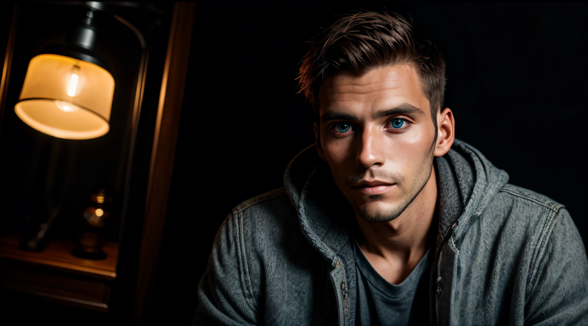 A portrait of a man, young, 30 years old, alone, with piercing eyes, detailed face, high details, photography, dark studio, rim light, Nikon D850, 50mm, f/1.4