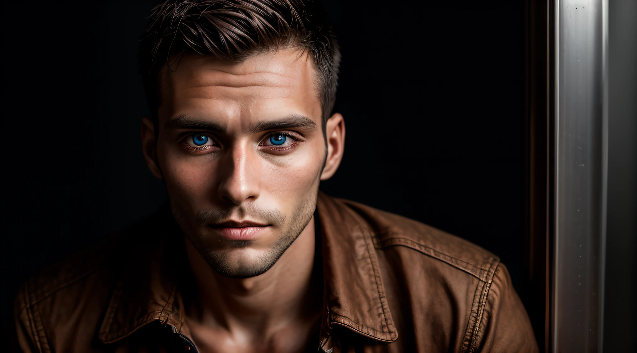 A portrait of a man, young, 30 years old, alone, with piercing eyes, detailed face, high details, photography, dark studio, rim light, Nikon D850, 50mm, f/1.4