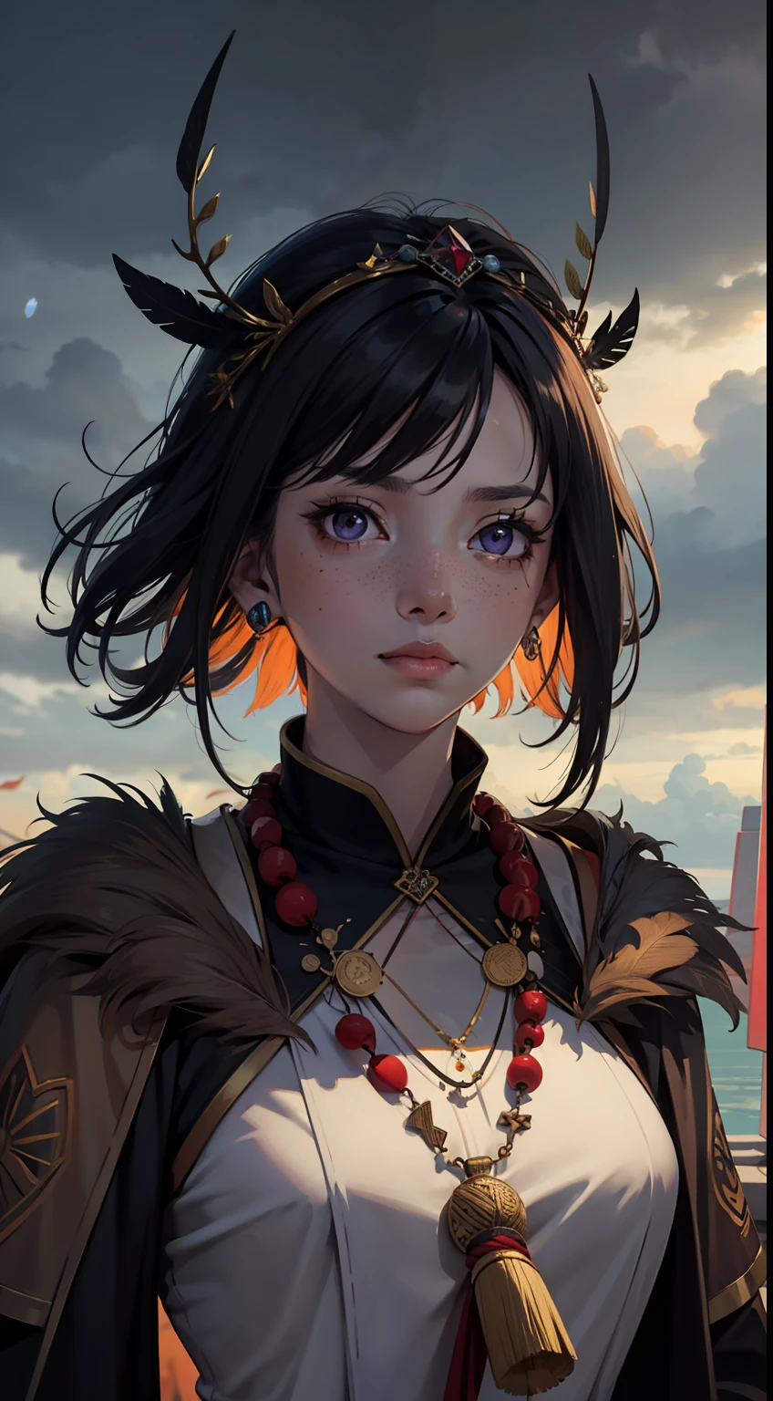 1 girl, adult (elven:0.7) woman, freckles, purple eyes, black quiff hair, solo, half shot, detailed background, detailed face, (polynesian theme:1.1), tribal vodoo shaman, mystical, dark red leaf clothes, beads, totem, amulet, headdress, floating particles, feathers, nature in background, ritual, storm, foreboding atmosphere, PsyAI,