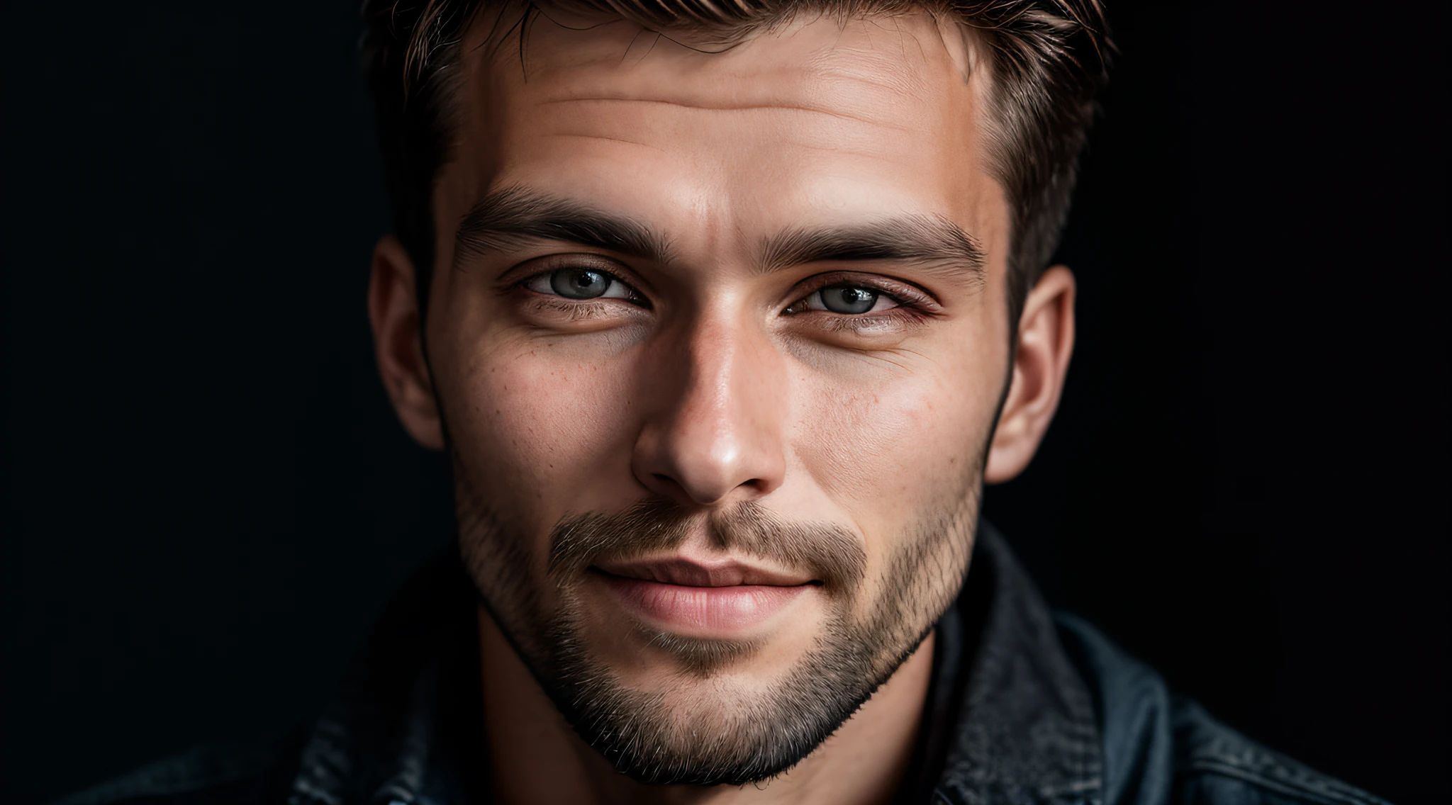 A portrait of a man, young, 30 years old, happy, with piercing eyes, detailed face, high details, photography, dark studio, rim light, Nikon D850, 50mm, f/1.4