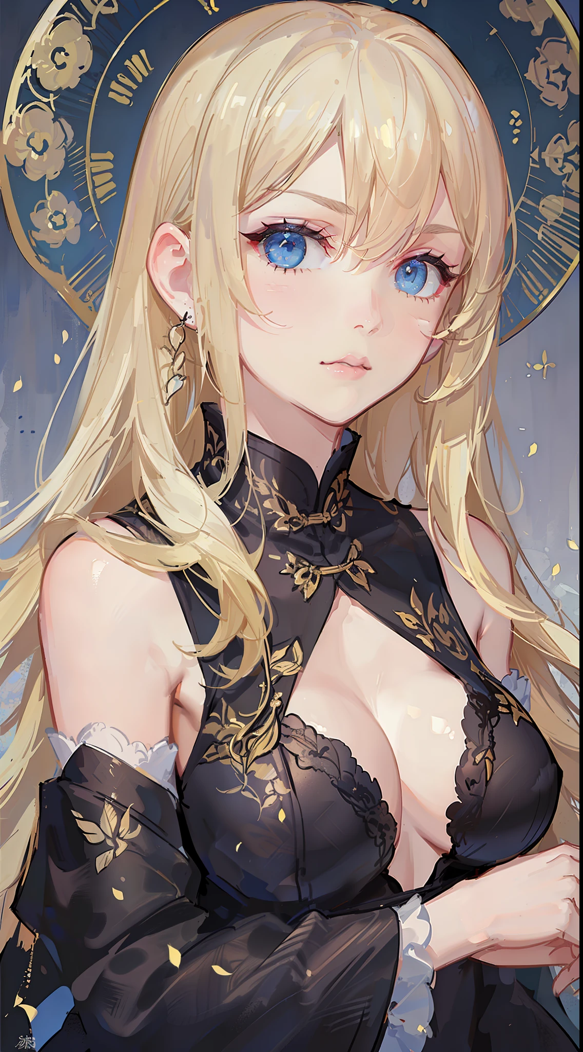Adult girl, long blonde hair with white strands, blue eyes, black Chinese clothes, serious look, masterpiece, high quality