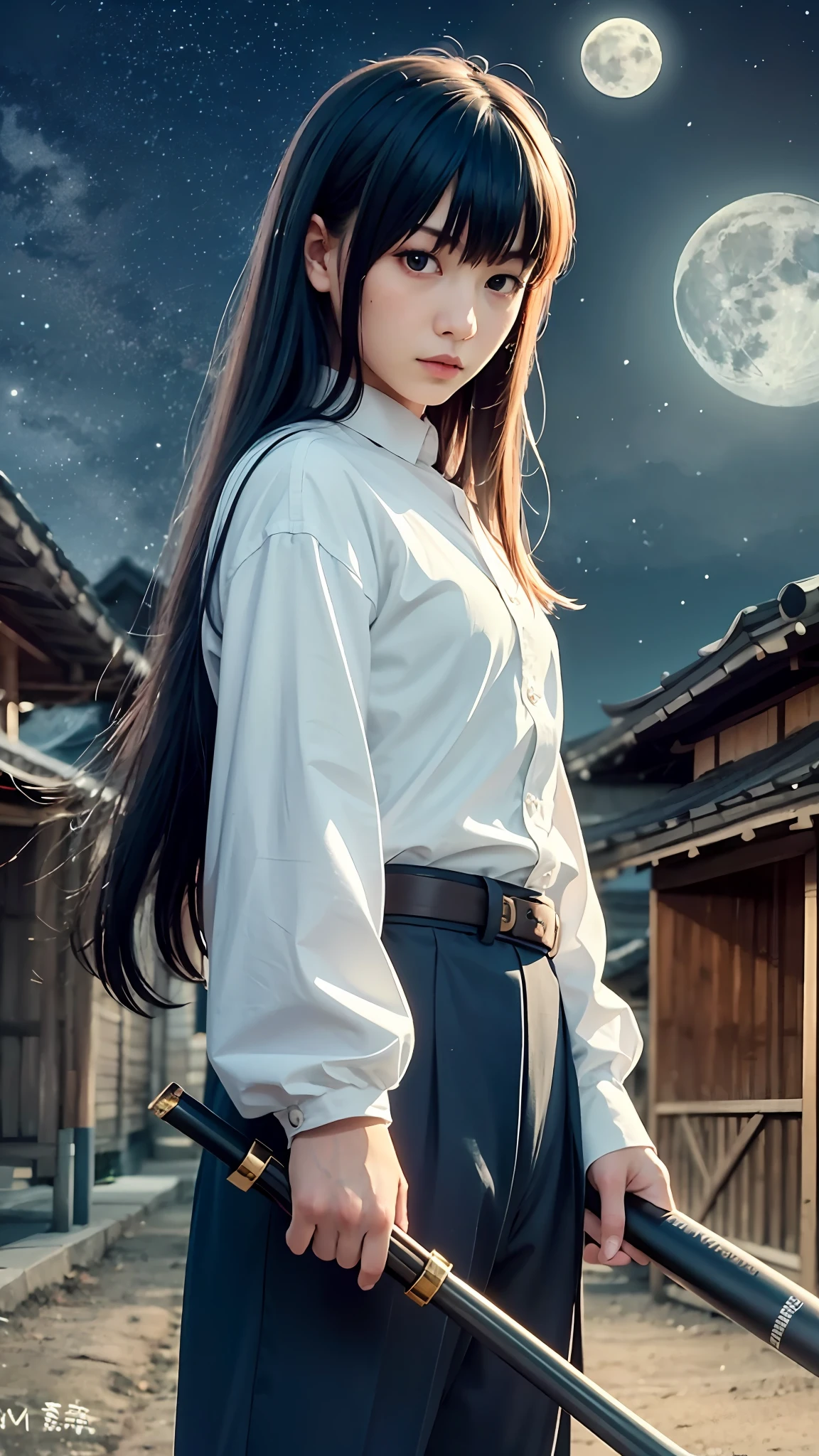 masterpice, best quality, (1boy:1), demon slayer uniform, solo, long hair, looking at viewer, bangs, black hair, aqua eyes, multicolored hair, Tokito_Muichirou, weapon , male focus, pants, background of a japansese village, night time, moon light,