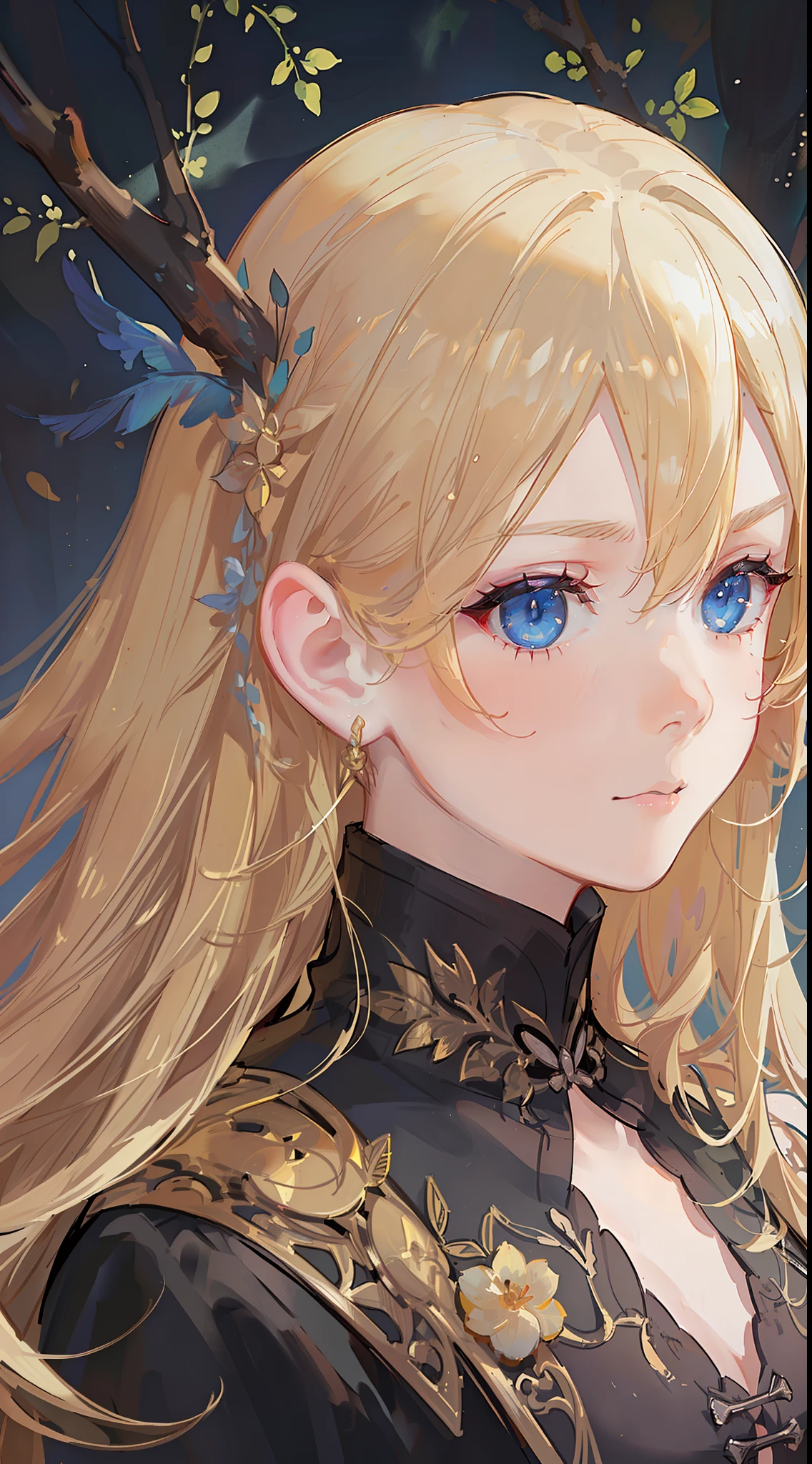 Adult girl, long blonde hair with white strands, blue eyes, black Chinese clothes, serious look, masterpiece, high quality
