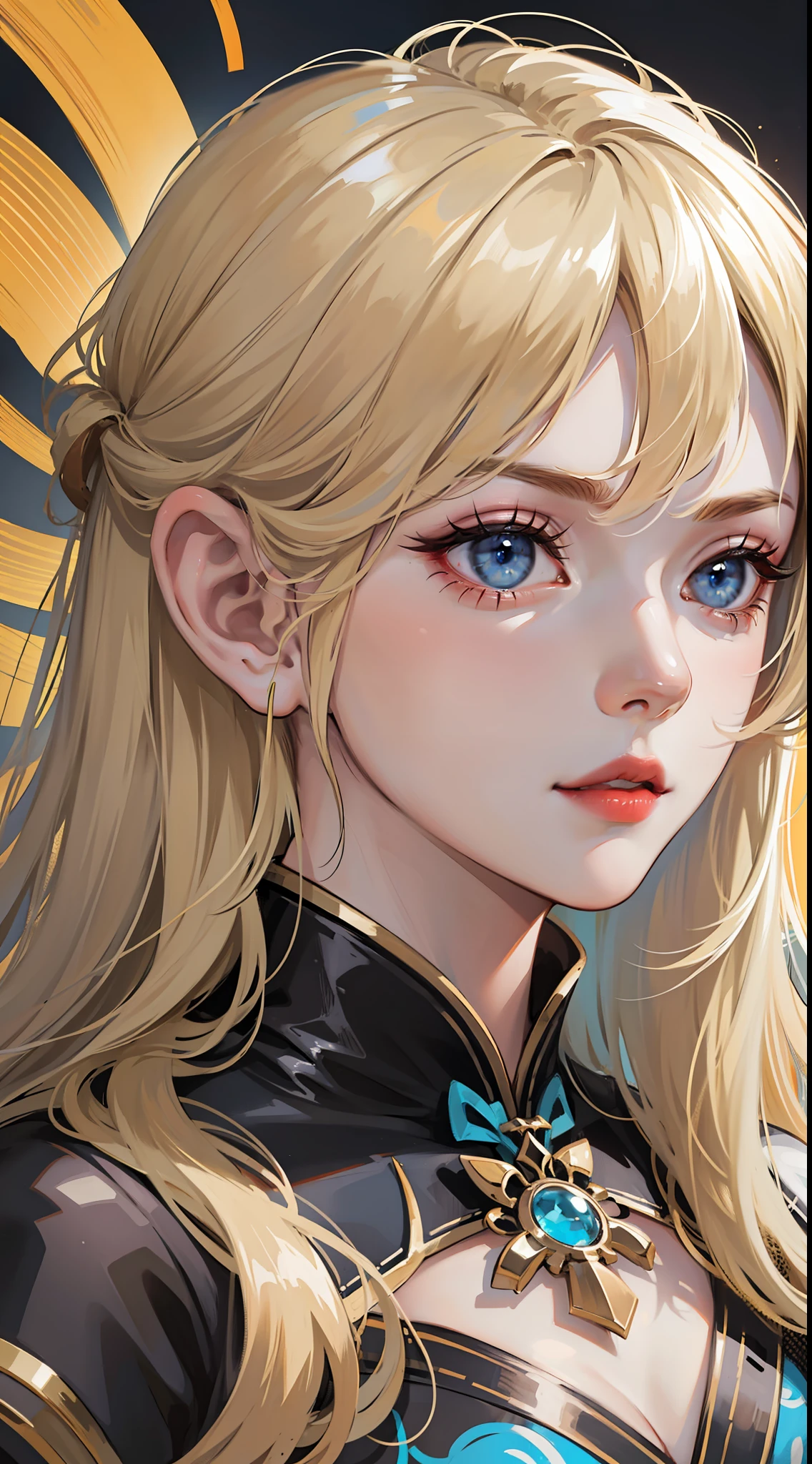 Adult girl, long blonde hair with white strands, blue eyes, black Chinese clothes, serious look, masterpiece, high quality