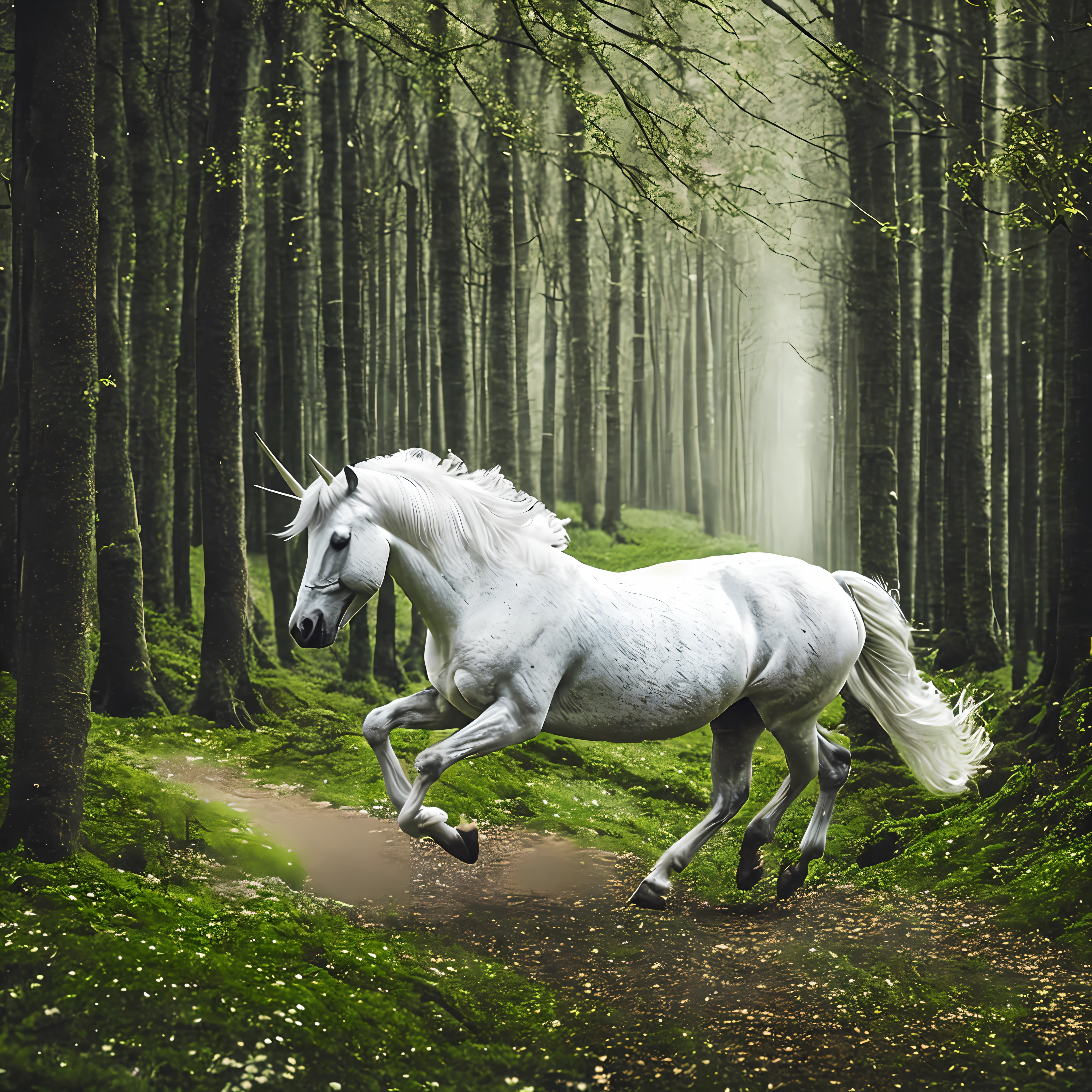 extremely detailed wallpaper, white unicorn run in green forest alley, dynamic pose, spring, morning, beams of light, flowers, (intricate details:1.12), hdr, (intricate details, hyperdetailed:1.15), (cinematic look:1.4), soothing tones, insane details, intricate details, hyperdetailed, low contrast, soft cinematic light, dim colors, exposure blend, hdr, faded, slate gray atmosphere