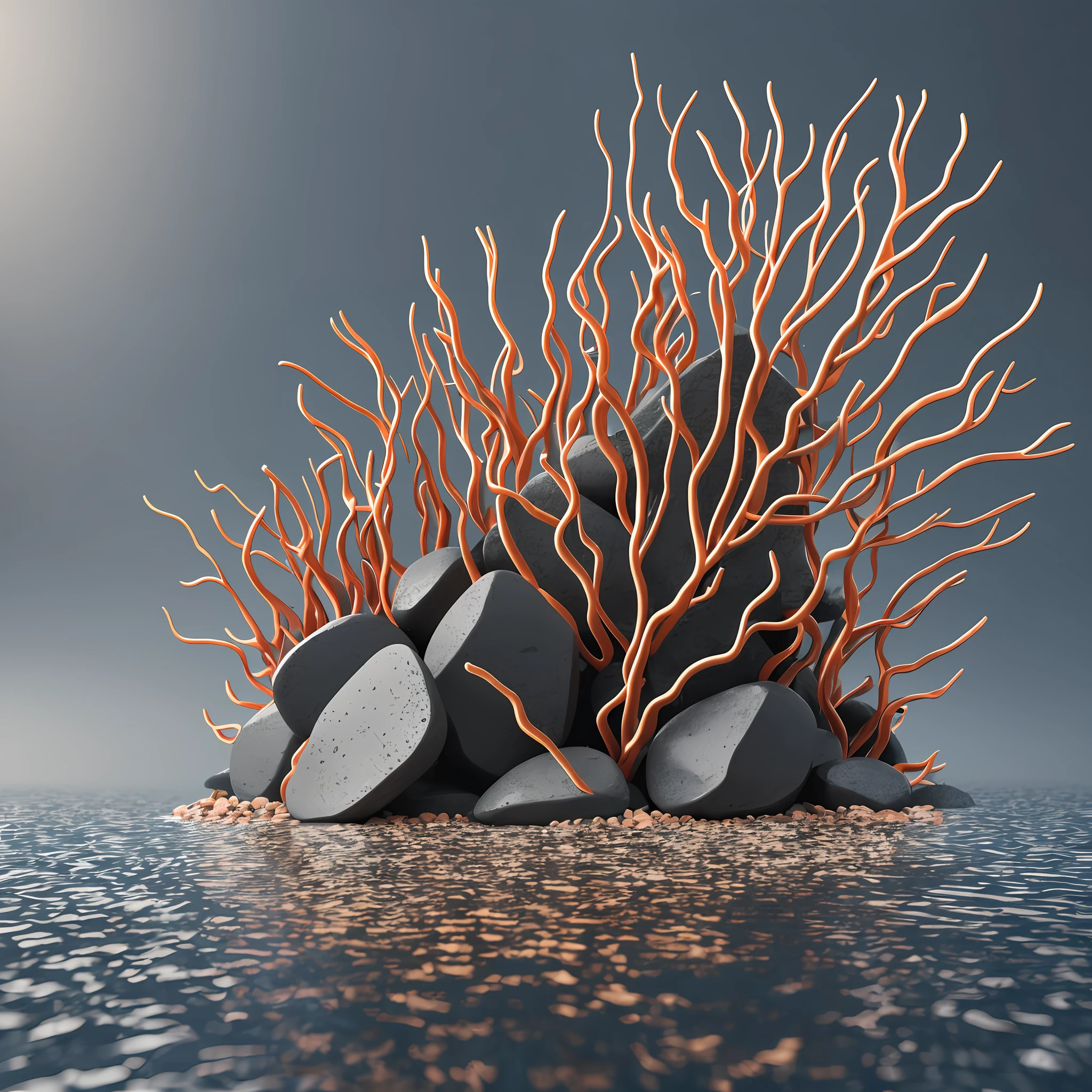 3dcg octane render abstract art Coral with metal-like texture floating on the surface of the water Multiple black stones floating around Gray background