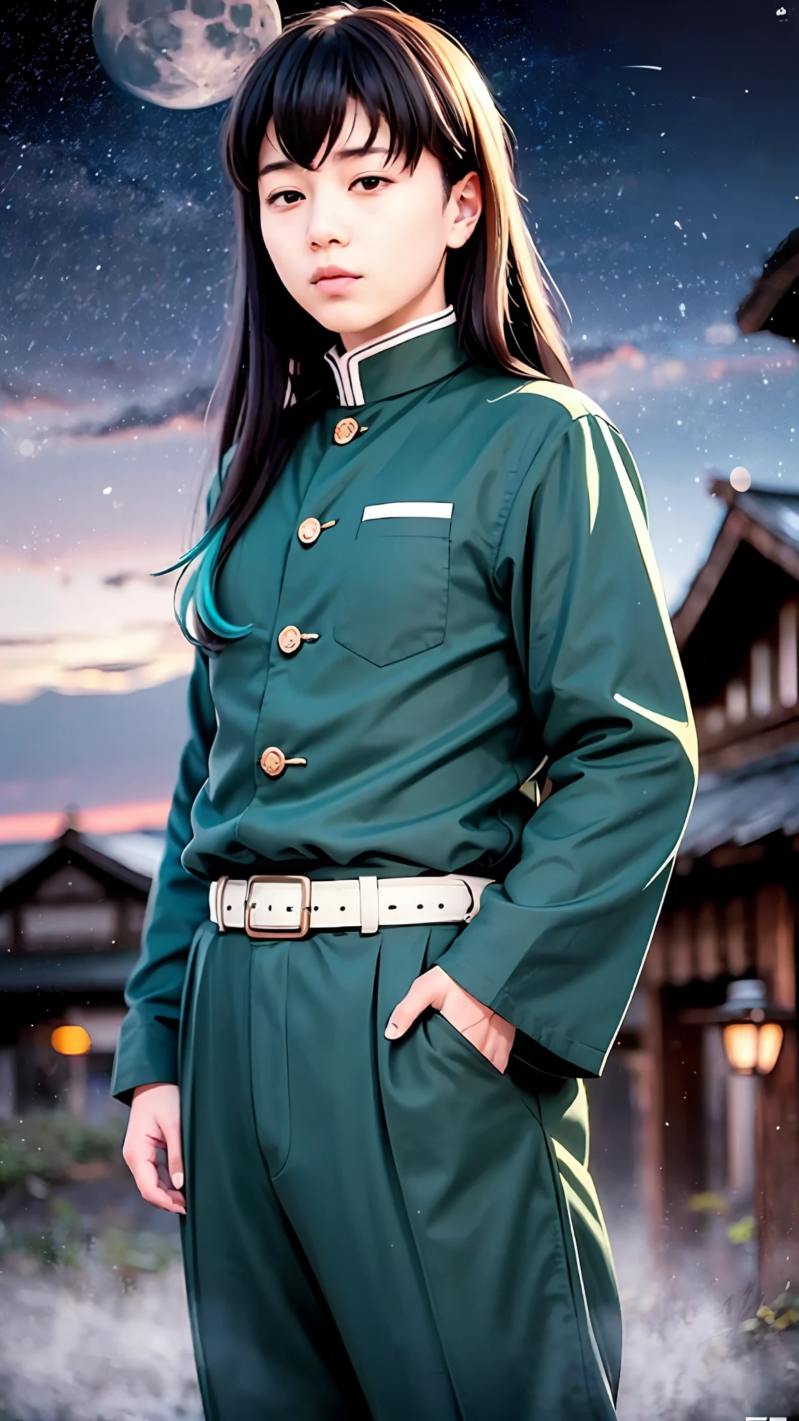 masterpice, best quality, (1boy:1), demon slayer uniform, solo, long hair, looking at viewer, bangs, black hair, aqua eyes, multicolored hair, Tokito_Muichirou, weapon , male focus, pants, background of a japansese village, night time, moon light,