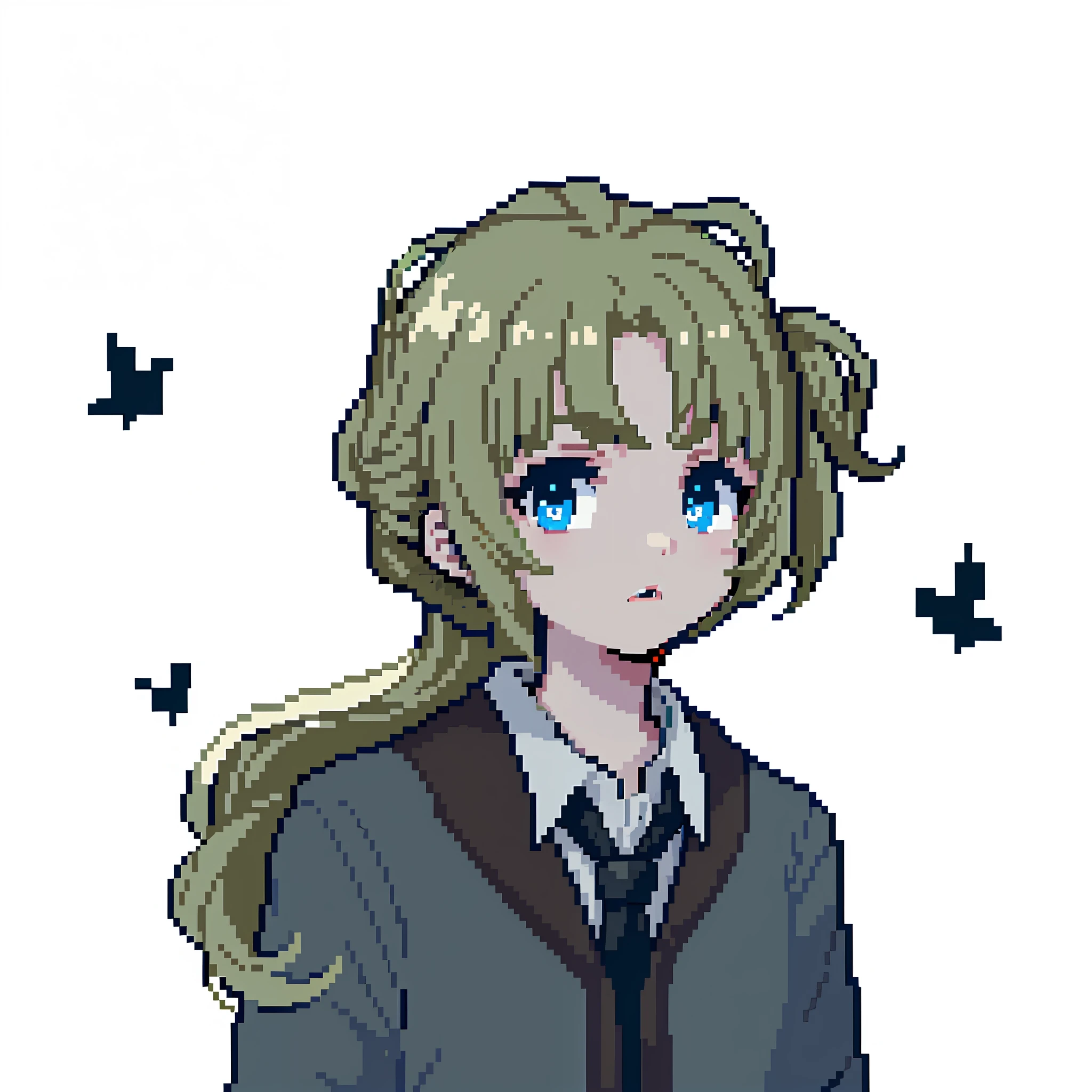 (Masterpiece, Top Quality, Best Quality), Pixel, Pixel Art, 1boy, 2-bit Pixel Art, Schoolboy, Long Hair, Yellow Hair, Character Portrait, Multiple Expressions, Game Asset, Spirited Away, Spirited Away haku, Blue Eyes, Gray Sweater, Sweater, white shirt, green tie, long hair, curly hair, single ponytail, gray sweater jacket