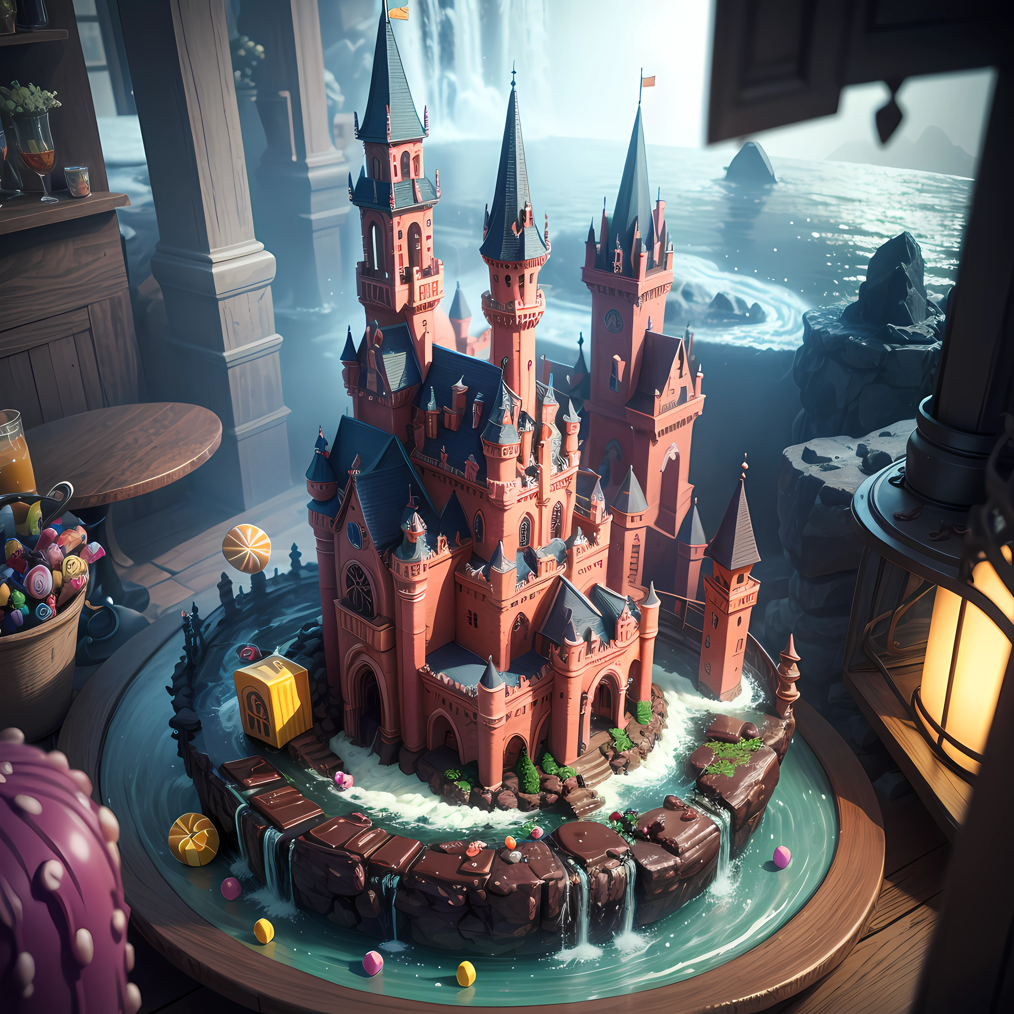 colorful candy castle and 3D chocolate waterfalls extreme quality --auto