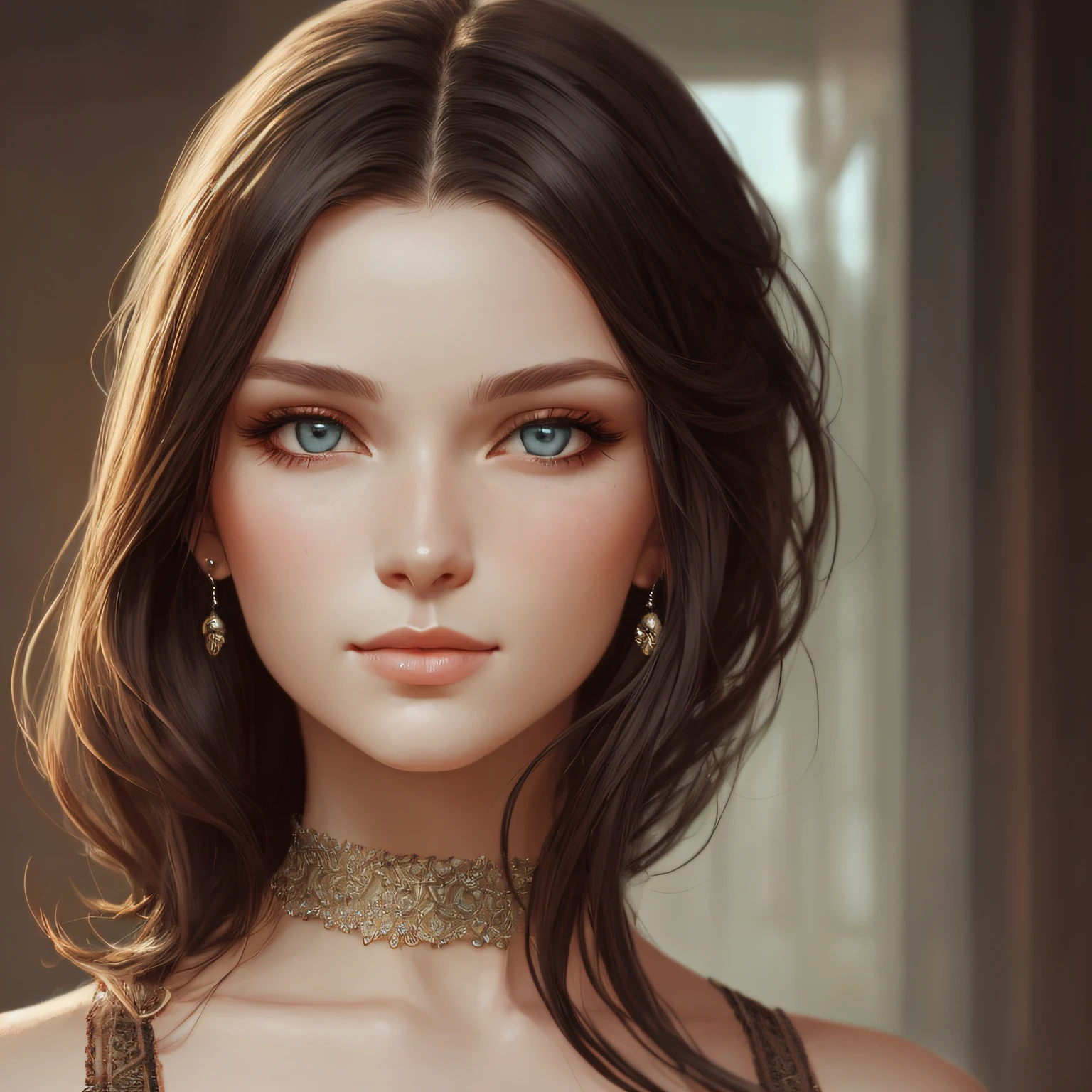 hyper-real), (illustration), (high resolution), (best quality, 8K, masterpiece: 1.3), (very detailed), (best illustration), perfect body beauty: 1.4, (beautiful detailed eyes), (super detail), (desktop wallpaper), (detailed face), milky white and fair skin, high detail skin, realistic skin details, visible pores, (dynamic pose), the art of John Collier and Albert Obright and Krenz Kusatt and Artem Demura, Open shoulder dress: 1.4, shallow smile, camelto, half body, --auto