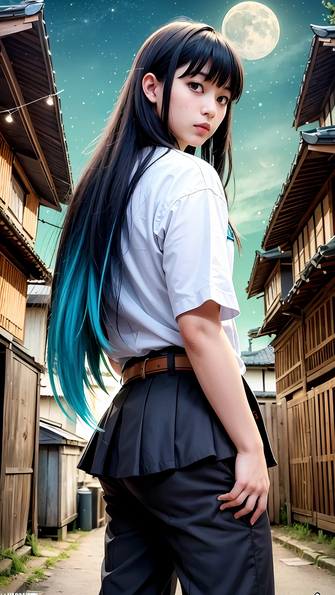 masterpice, best quality, (1boy:1), demon slayer uniform, solo, long hair, looking at viewer, bangs, black hair, aqua eyes, multicolored hair, Tokito_Muichirou, weapon , male focus, pants, background of a japansese village, night time, moon light,