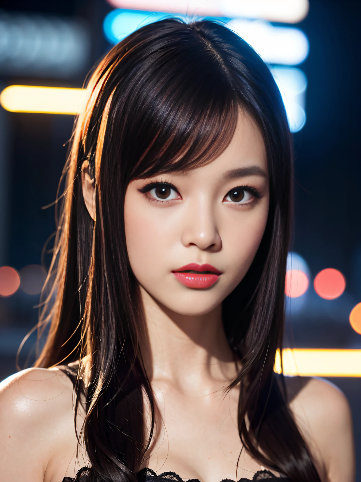 A girl, long hair, half picture, city, future, science fiction, black silk, shorts, night scene, midnight, blue light, neon, night, face close-up, delicate features, beautiful girl, beauty, charming,fashi-girl,red lips,realistic,makeup,