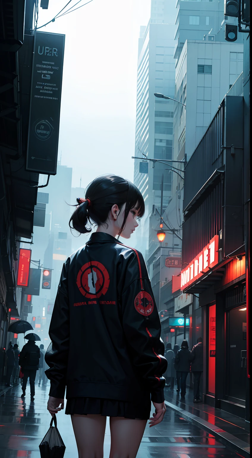 (masterpiece, best quality, high quality, highres, ultra-detailed),
cinemagraph,
1girl,back, umbrella,
cityscape, fog,
data stream,cyberpunk,